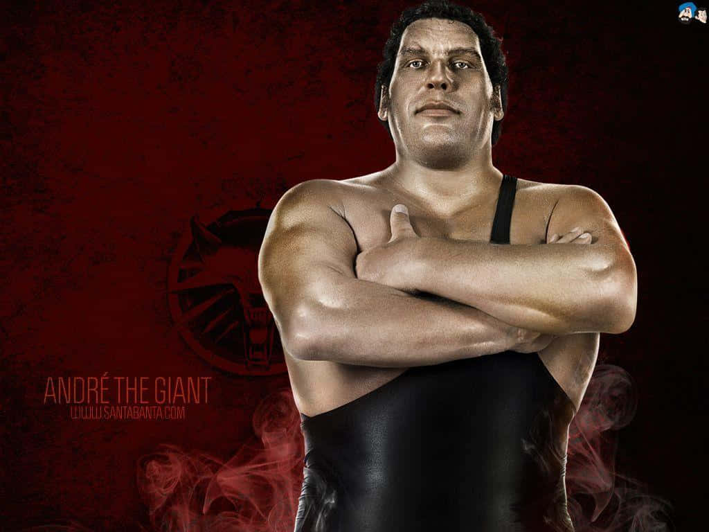 professional 桌布 壁紙 — Andre the Giant 自信地交叉雙臂，站在煙霧彌漫的紅色背景前，散發出力量和強烈感。