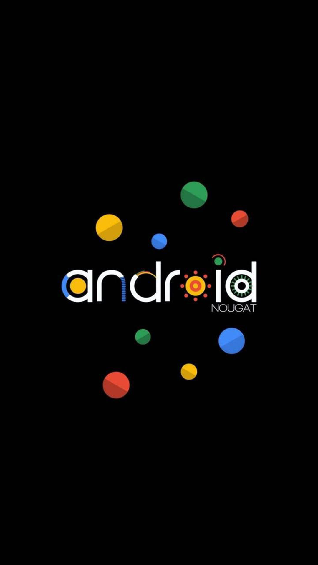 Android Nougat 標誌，黑色背景上漂浮著彩色圓點。 — Google 壁紙