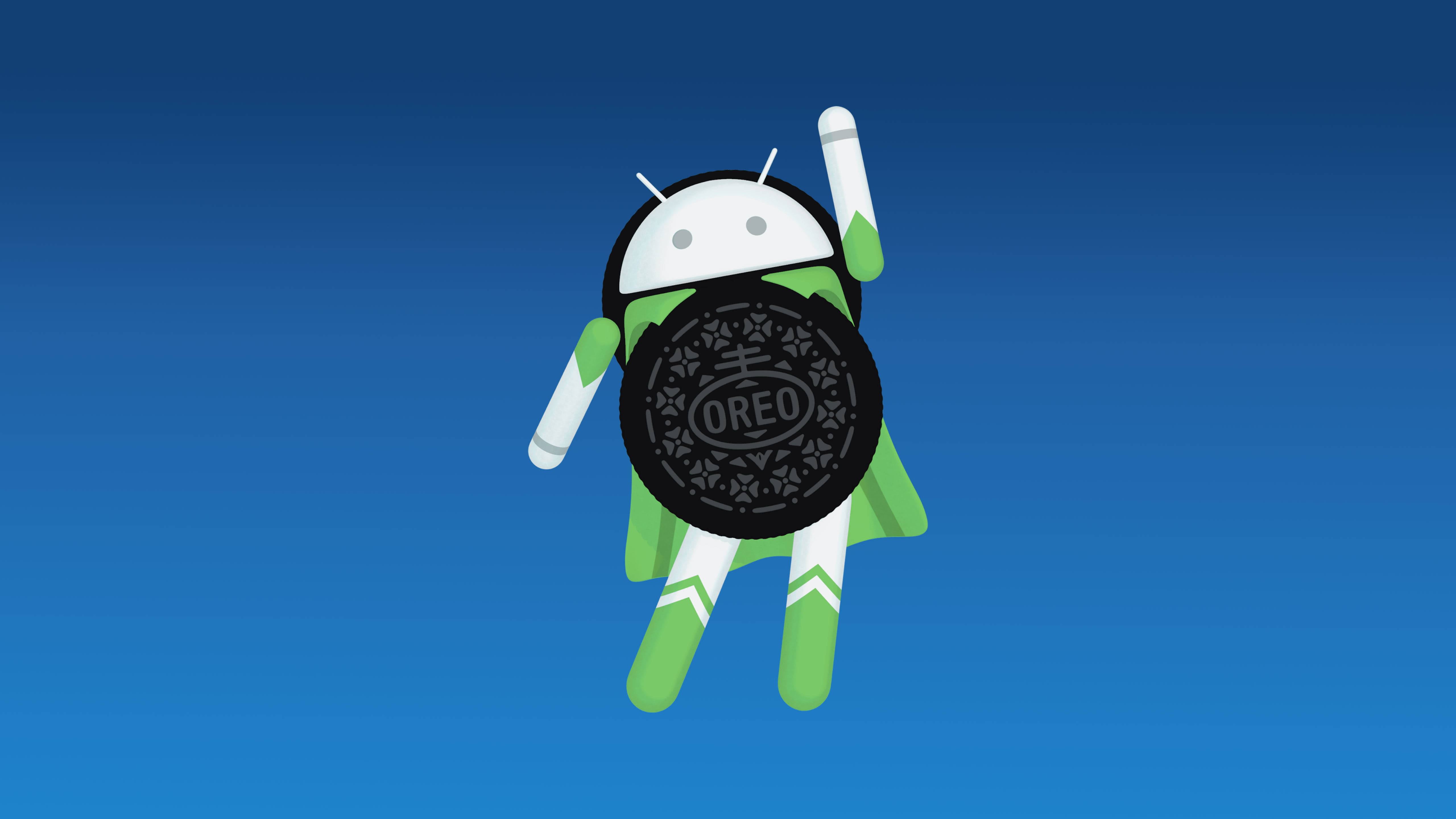Android Desktop 桌布 壁紙 — Android 吉祥物在漸變藍色背景前拿著一塊Oreo餅乾。