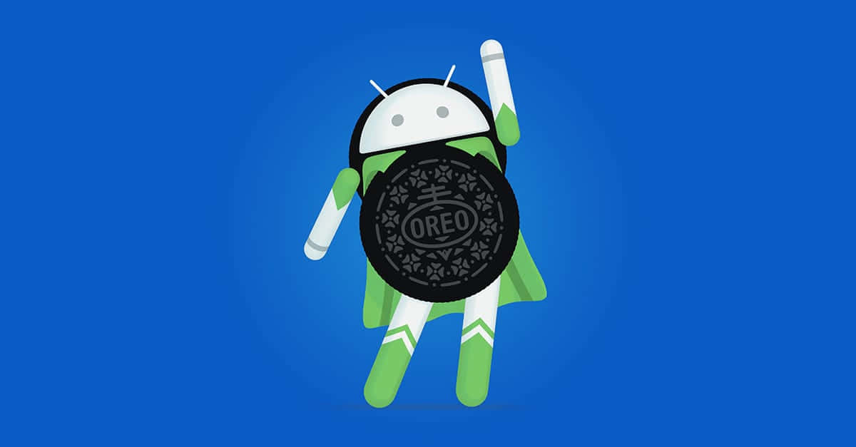 安卓 桌布 壁紙 — Android 吉祥物在純藍色背景前以愉快姿勢拿著 Oreo 餅乾。