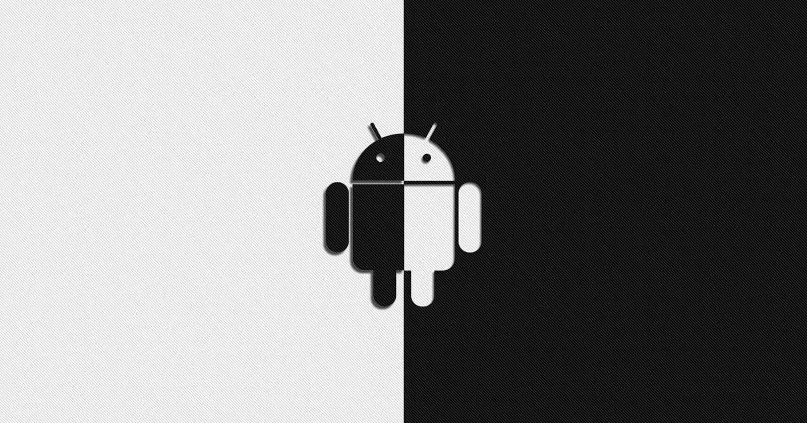 Android Computer 桌布 壁紙 — Android 標誌從中間分開，黑白兩半置於紋理背景上。