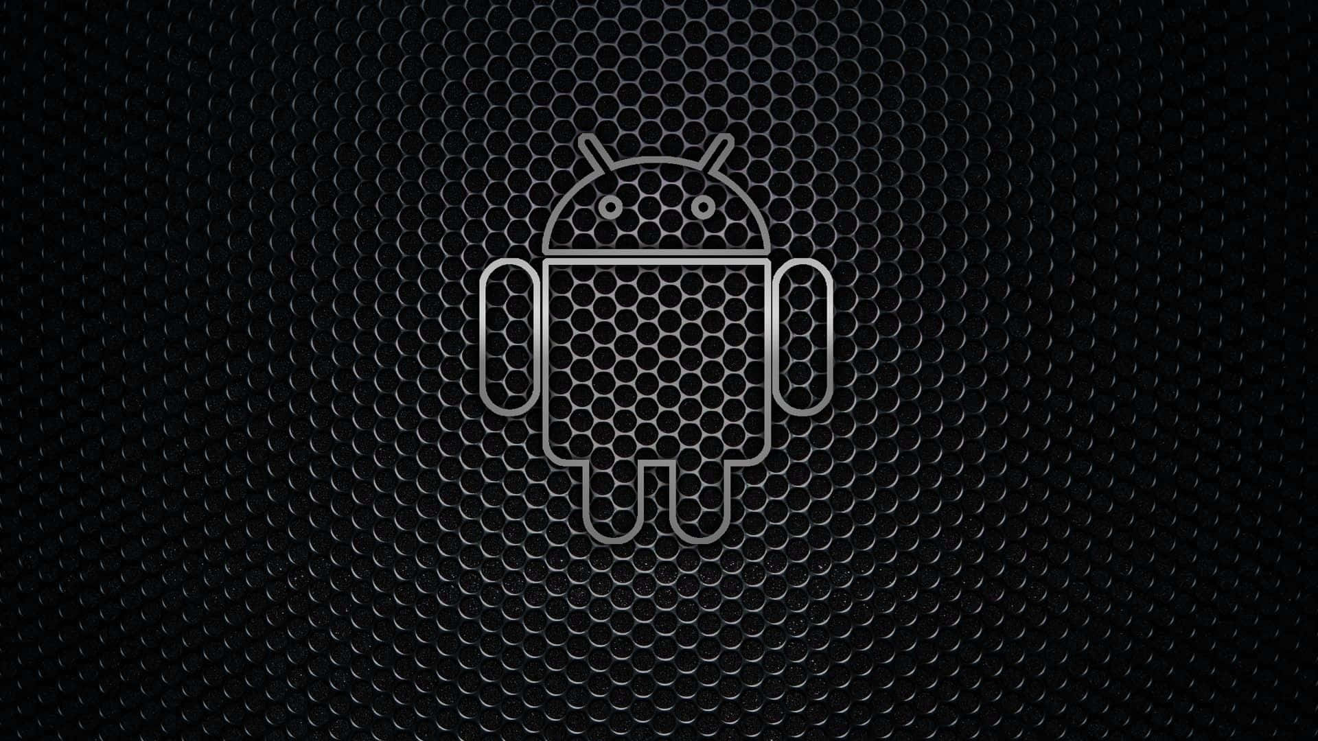 平板電腦 桌布 壁紙 — Android 機器人標誌以銀色勾勒在深色六角網格背景上。