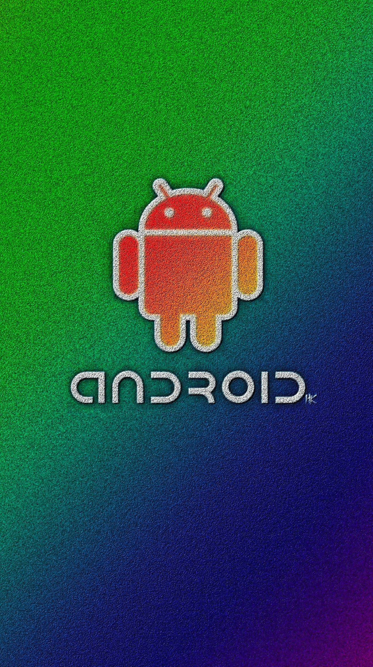 Android Developer 桌布 壁紙 — Android 機器人標誌居中顯示在充滿活力的綠色到紫色漸變背景上，帶有紋理顆粒效果。