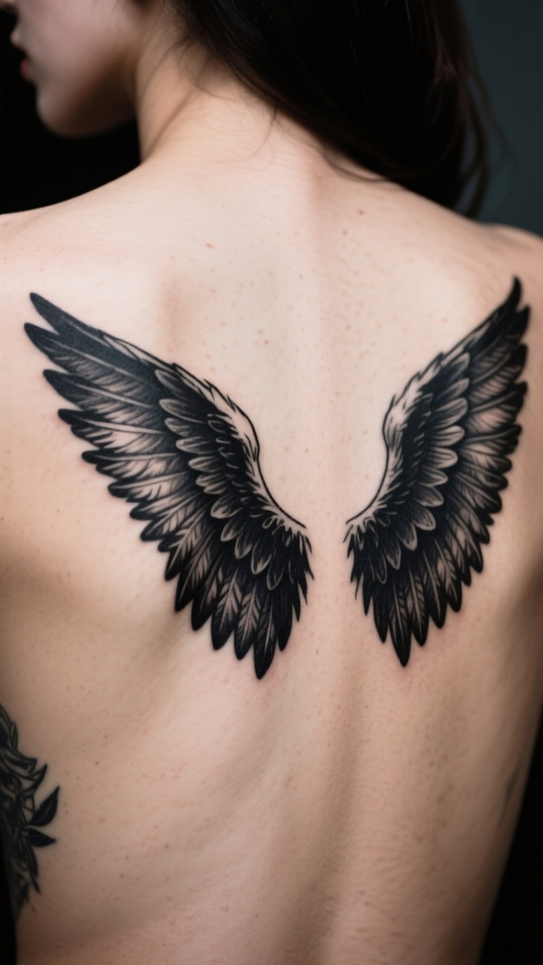 Black Wings Tattoo Art 壁紙 — 一個人的裸露背部展示了一個大型詳細的黑灰色天使翼刺青，橫跨雙肩。