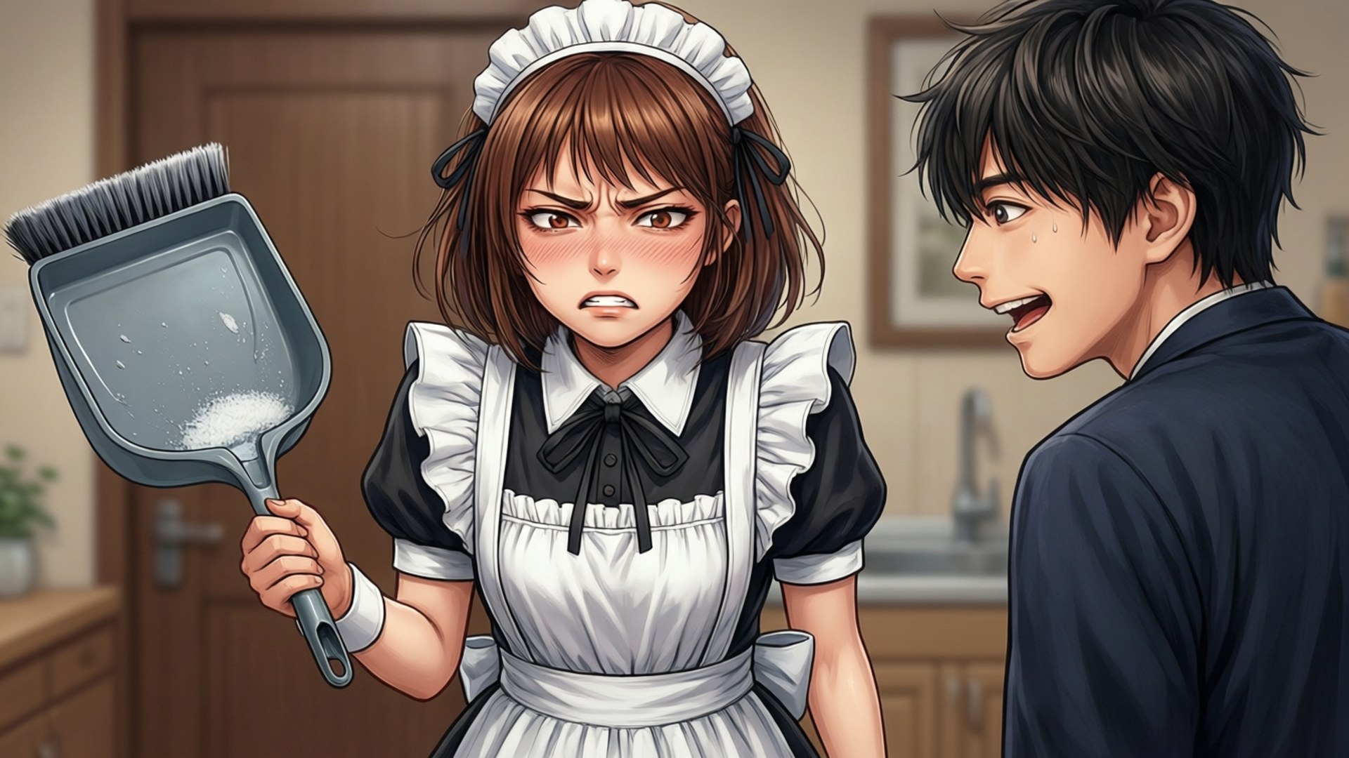 Cleaning Chaos 壁紙 — 一個穿著白色制服的憤怒女傭，拿著一個裝滿垃圾的垃圾鏟，在廚房怒視一個微笑的男人。