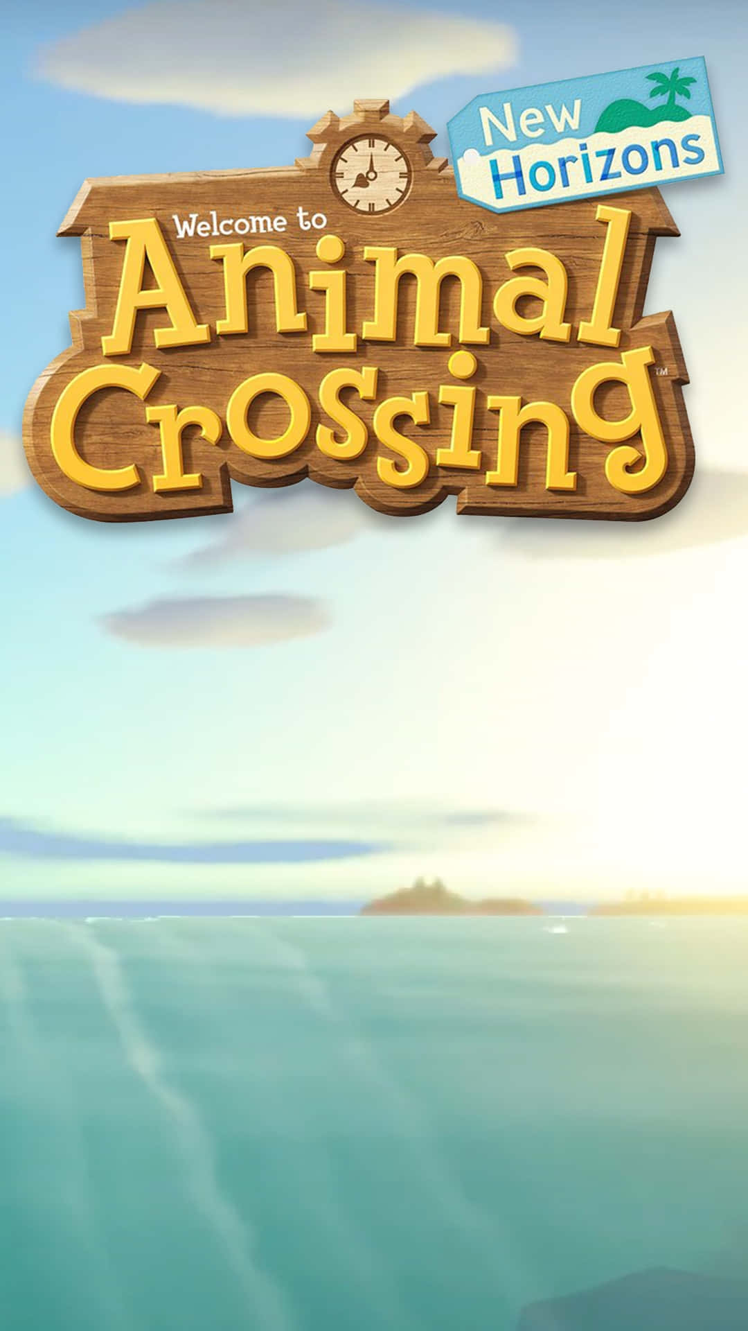  壁紙 — 一個寫著「歡迎來到Animal Crossing New Horizons」的木牌漂浮在平靜的藍綠色海洋上，天空湛藍明亮。