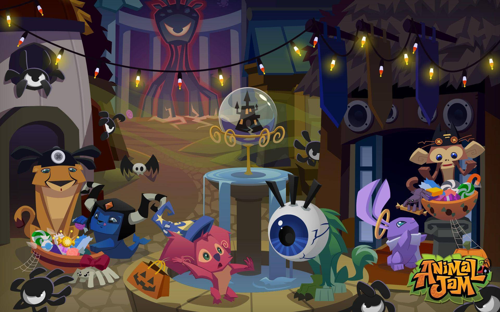 Cartoon 桌布 壁紙 — Animal Jam 中一個節日氣氛濃厚的萬聖節場景，卡通動物們穿著服裝，圍繞著一串燈光下發光的眼睛噴泉。