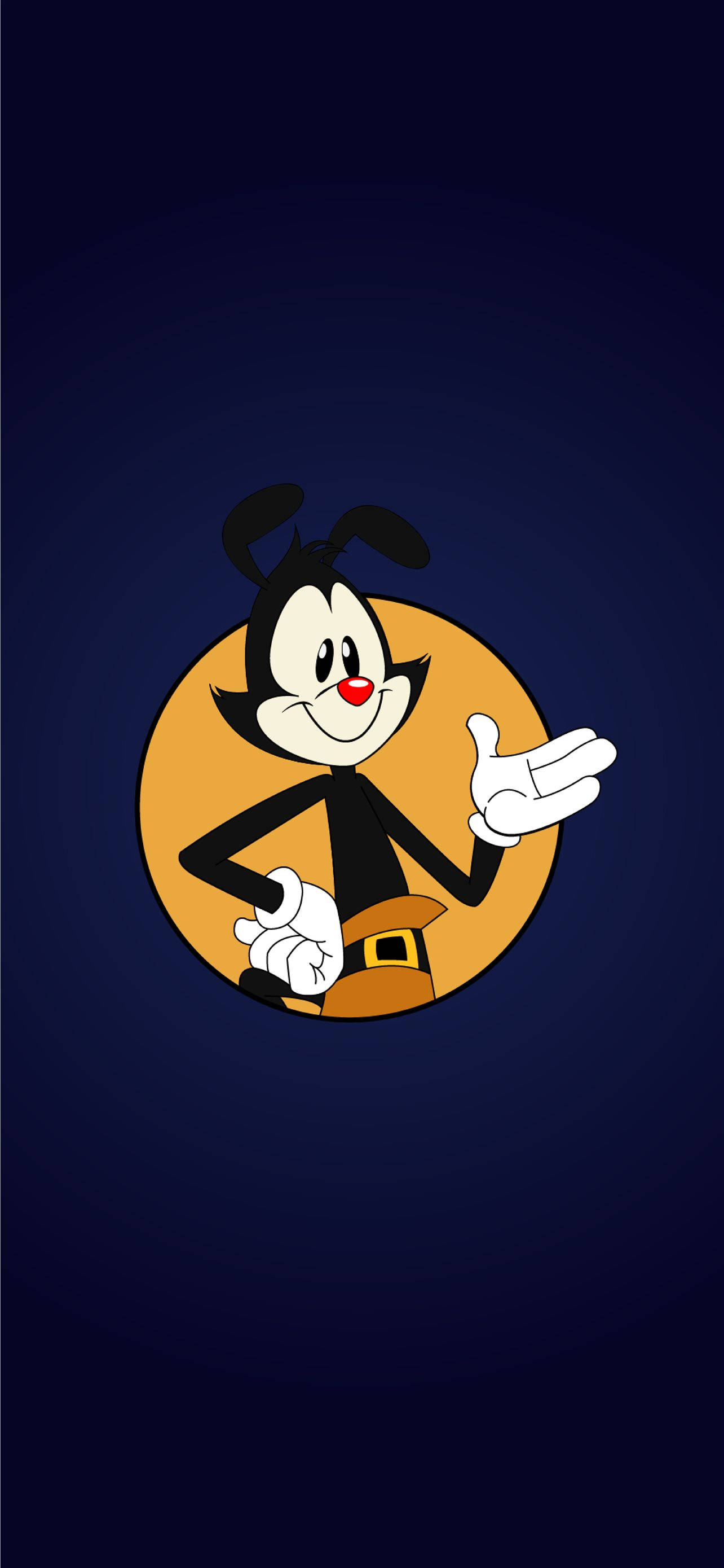 Animaniacs Wakko 粉絲藝術 壁紙 — 經典卡通角色，黑色毛髮和紅色鼻子，在發光的橙色圓圈內愉快地揮手，背景為深藍色漸變。
