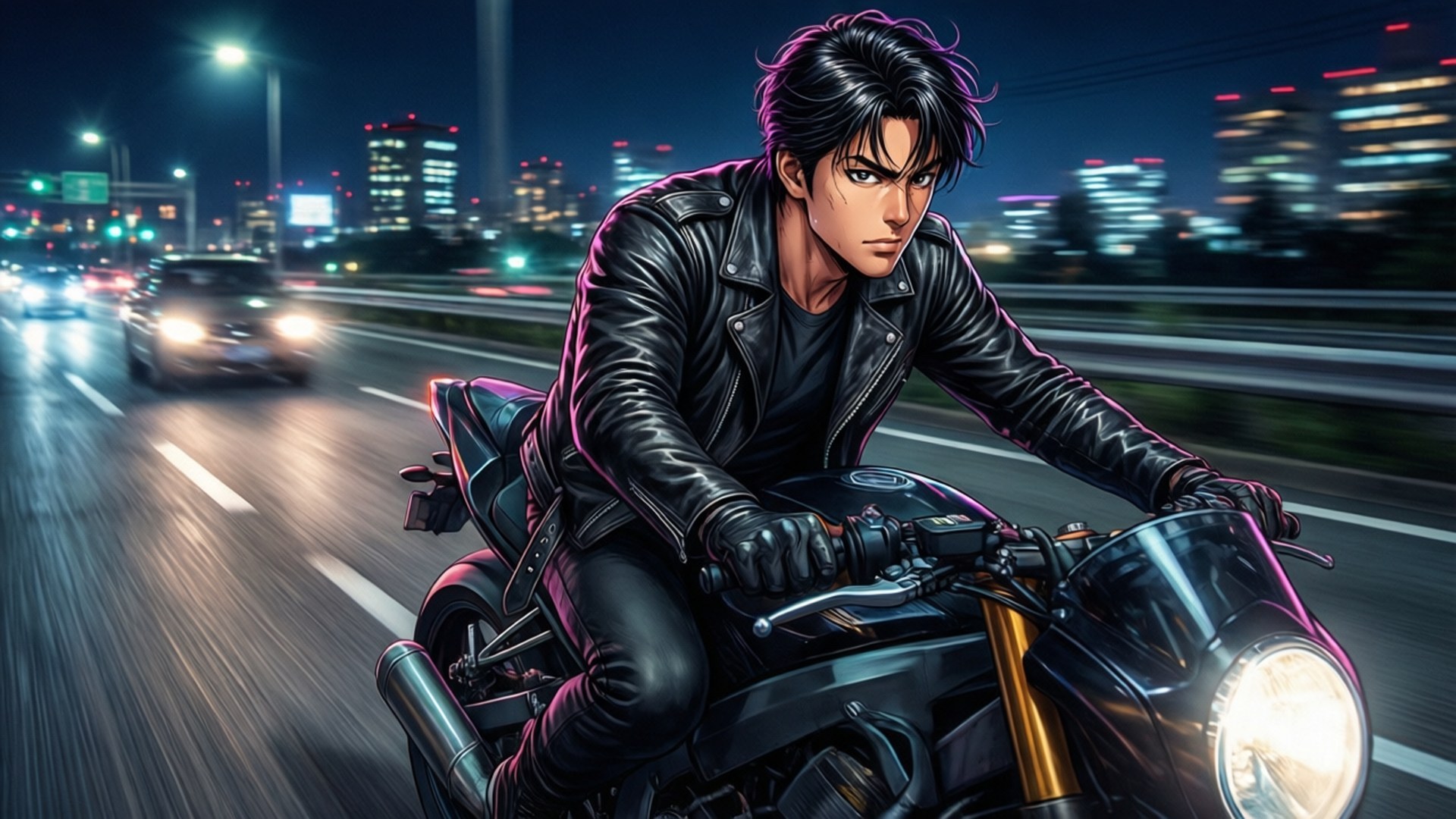 Night Ride Motorcycle 壁紙 — 一個堅定的動漫風格機車騎士，身穿黑色皮夾克，在霓虹燈照亮的城市夜晚，騎著流線型機車穿過模糊的車流和發光的摩天大樓。