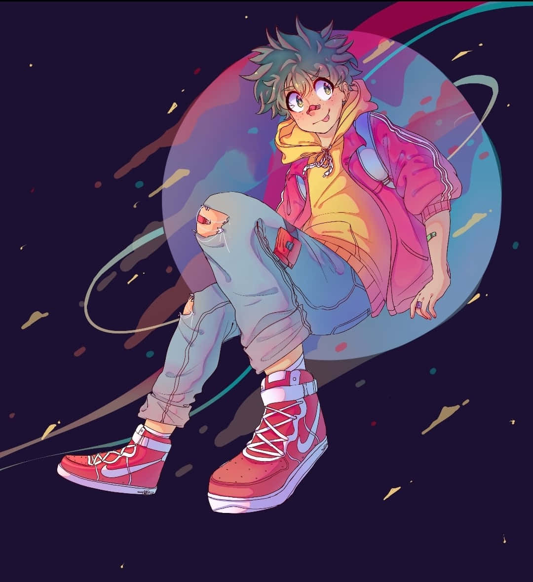  壁紙 — 一個充滿活力的動漫男孩，頭髮尖刺，隨意地坐在宇宙漩渦中，穿著粉紅色外套和紅色運動鞋，背景是繁星點點的太空。