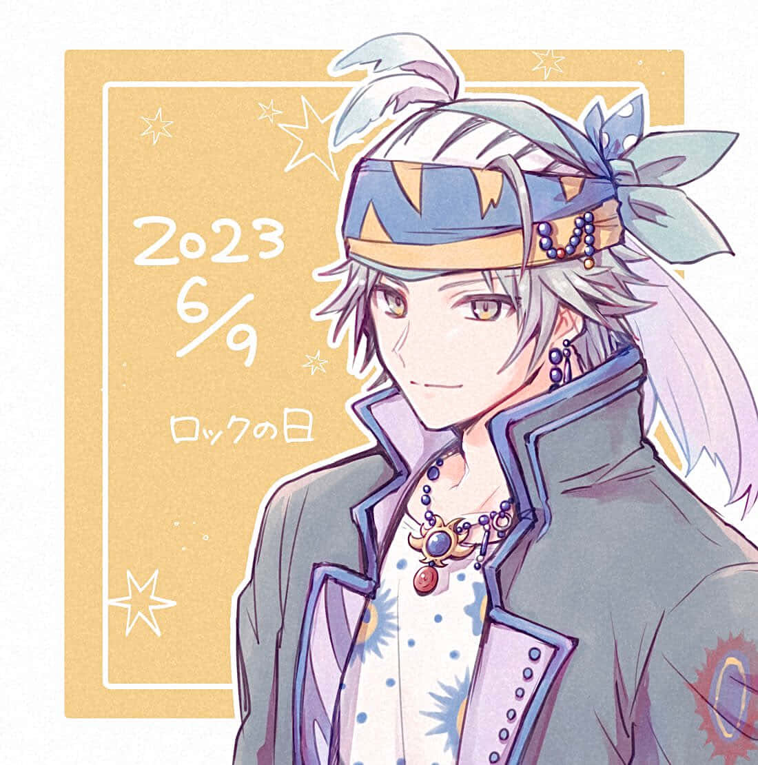  壁紙 — 銀髮戴頭巾的動漫男孩在標有2023年6月9日的金色星形日曆旁溫柔微笑。
