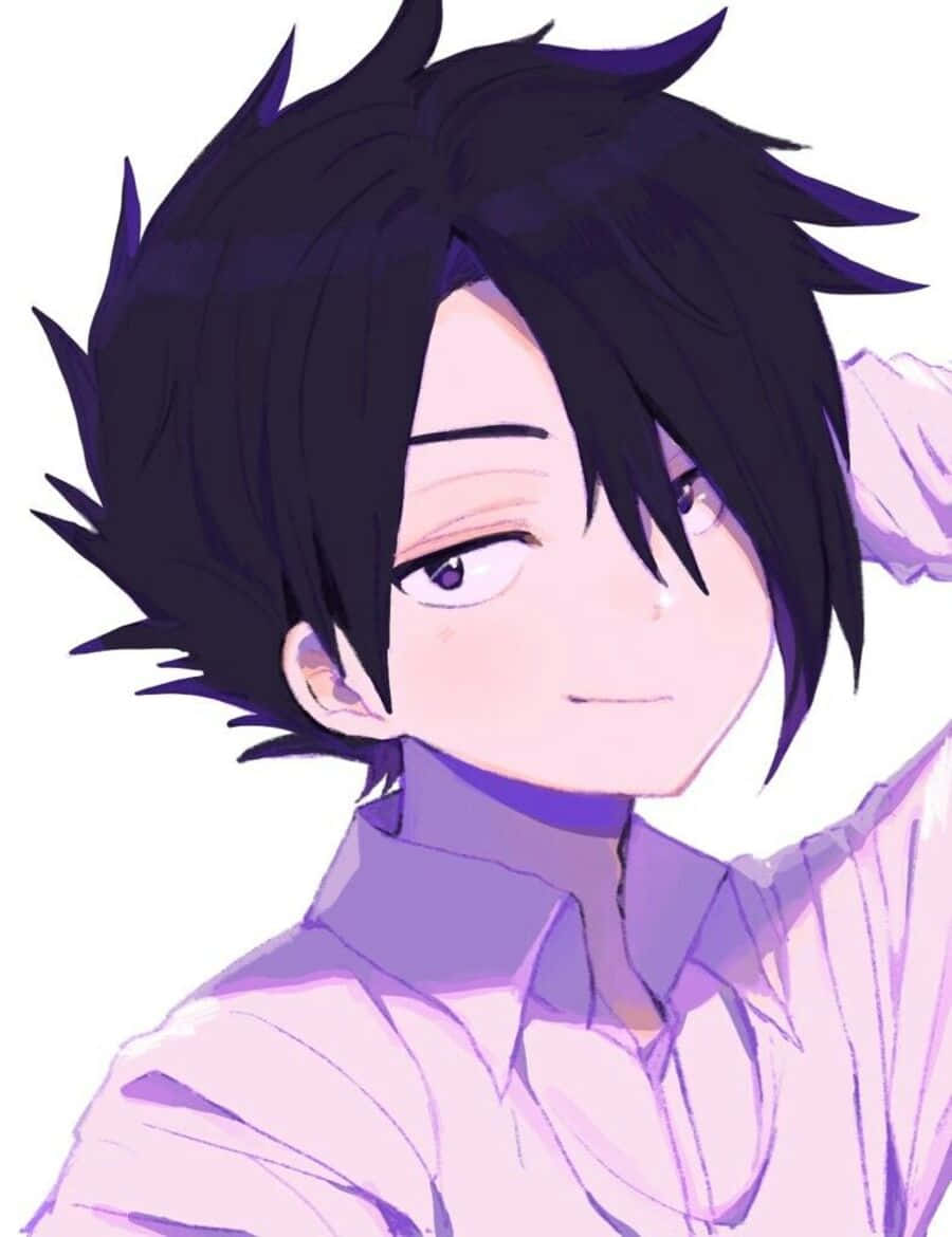 The Promised Neverland Ray 桌布 壁紙 — 動畫男孩，黑色刺蝟頭，紫色眼睛，穿著薰衣草色襯衫，在白色背景前溫柔微笑。