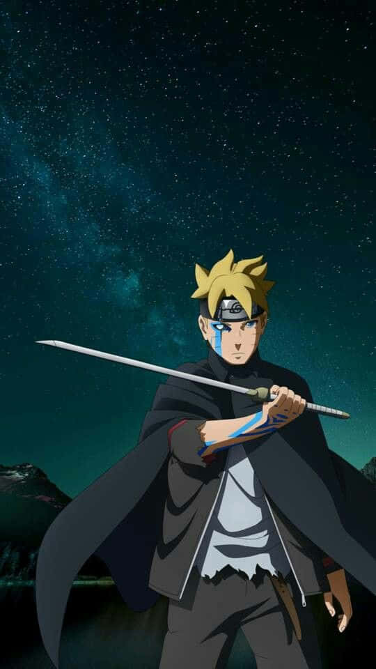 壁紙 — 動畫角色慕留人站在星空下，手持劍，背景有發光的星雲。