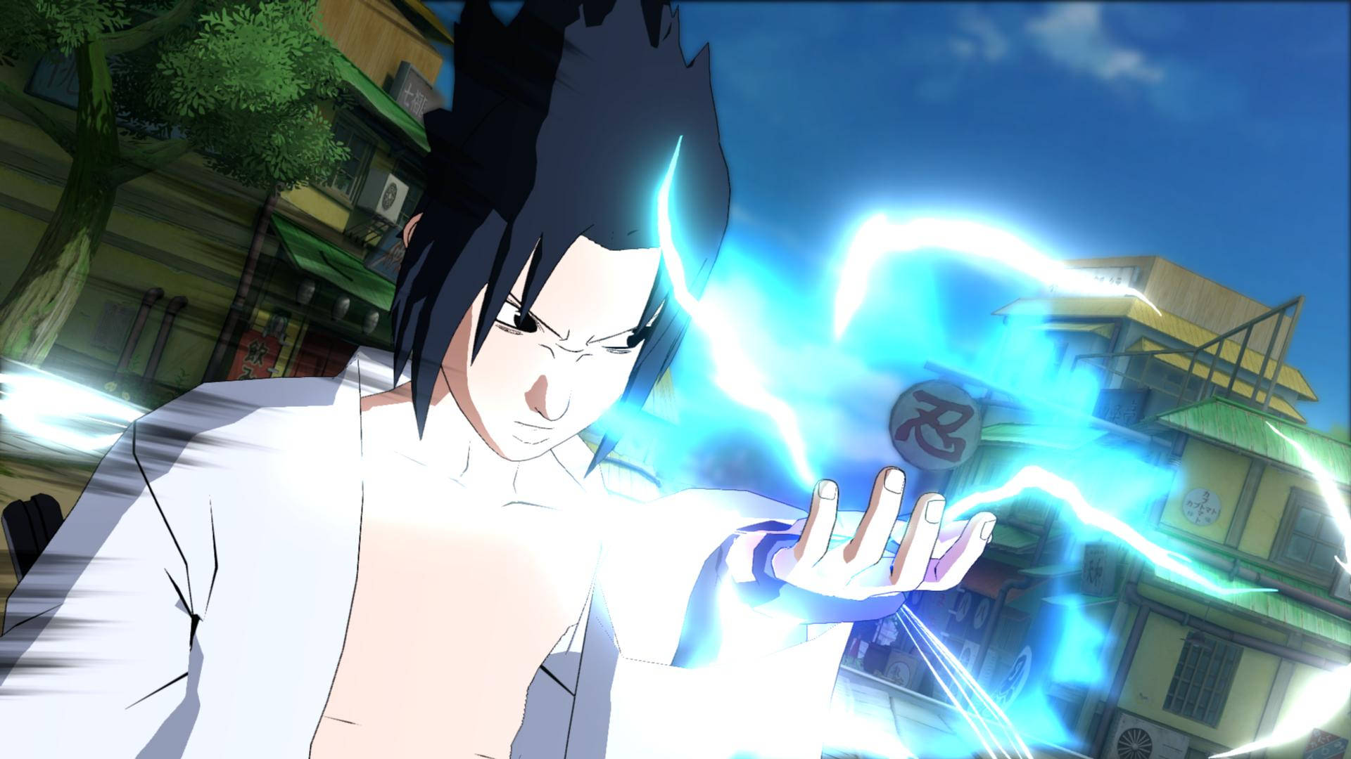 動漫忍者在日本小鎮釋放藍色閃電查克拉。 — Sasuke 壁紙