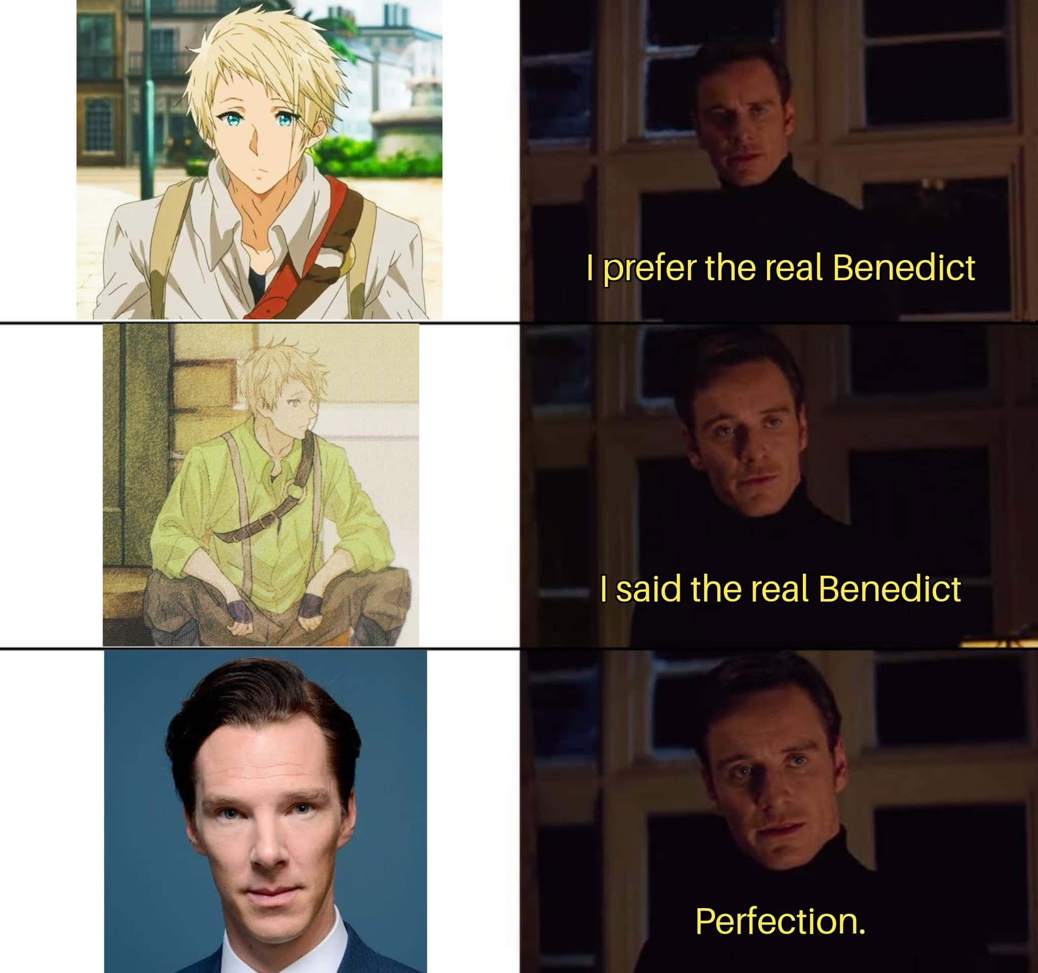Benedict Blue 桌布 壁紙 — 將動漫角色與演員班尼狄克·康柏拜區進行比較，並以迷因格式加上文字覆蓋。