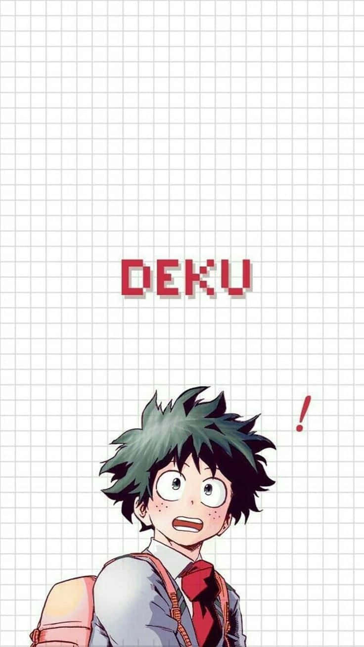  壁紙 — 動漫角色Deku，擁有尖刺綠色頭髮和紅色領帶，在白色網格背景上顯得驚訝，他的名字以像素化紅色文字顯示。