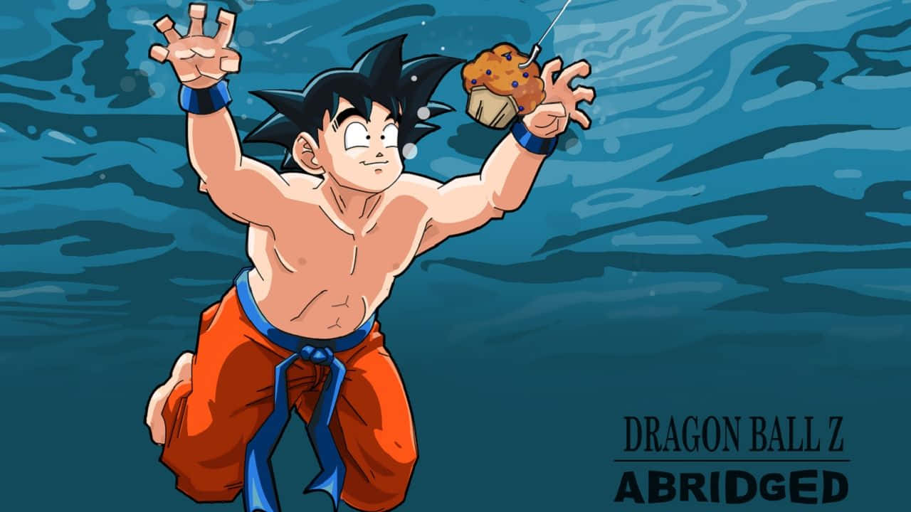  壁紙 — 來自《七龍珠Z Abridged》的動畫角色悟空從藍色水中浮出，手持巧克力豆馬芬，表情驚訝。