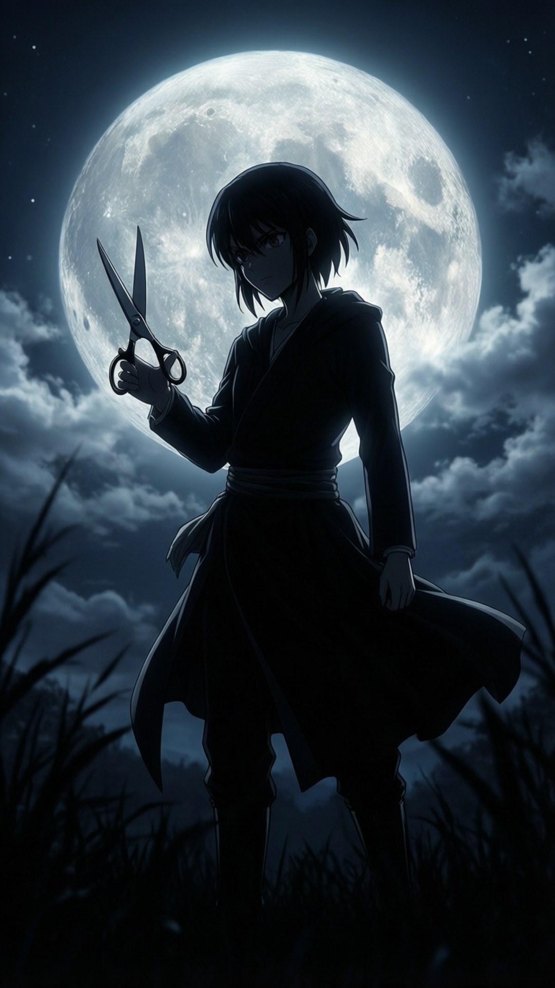 Moonlit Silhouette 壁紙 — 一個黑髮動漫人物穿著黑色長袍，對著風暴雲後巨大發光的月亮舉起剪刀。