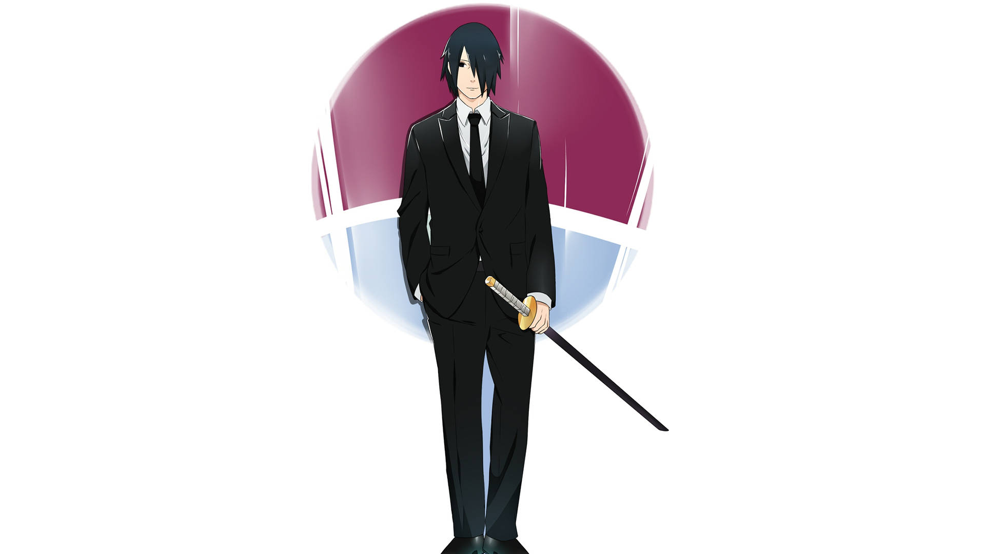動漫男子身穿西裝，手持劍，背景為紫色藍色圓形。 — Sasuke 壁紙