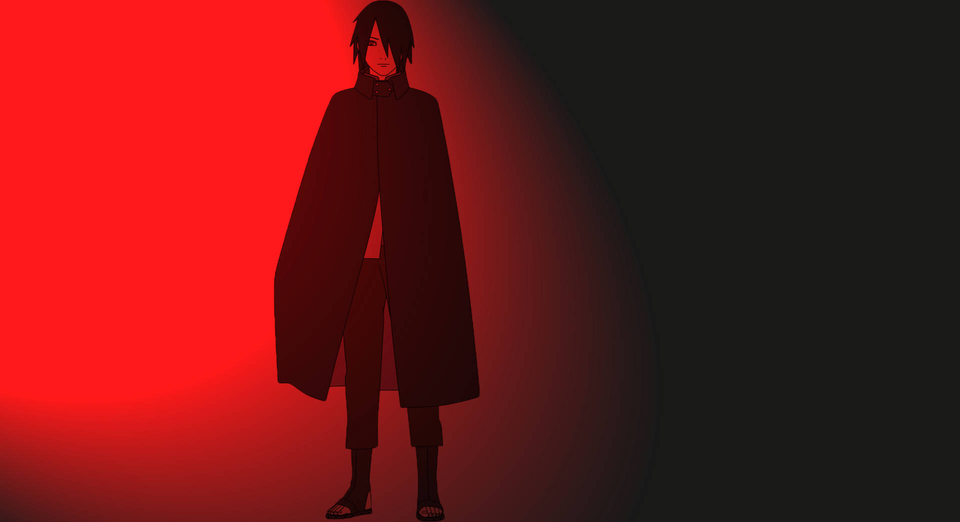 動漫角色穿著深色外套，在發光的紅色圓形背景上呈現剪影。 — Sasuke 壁紙