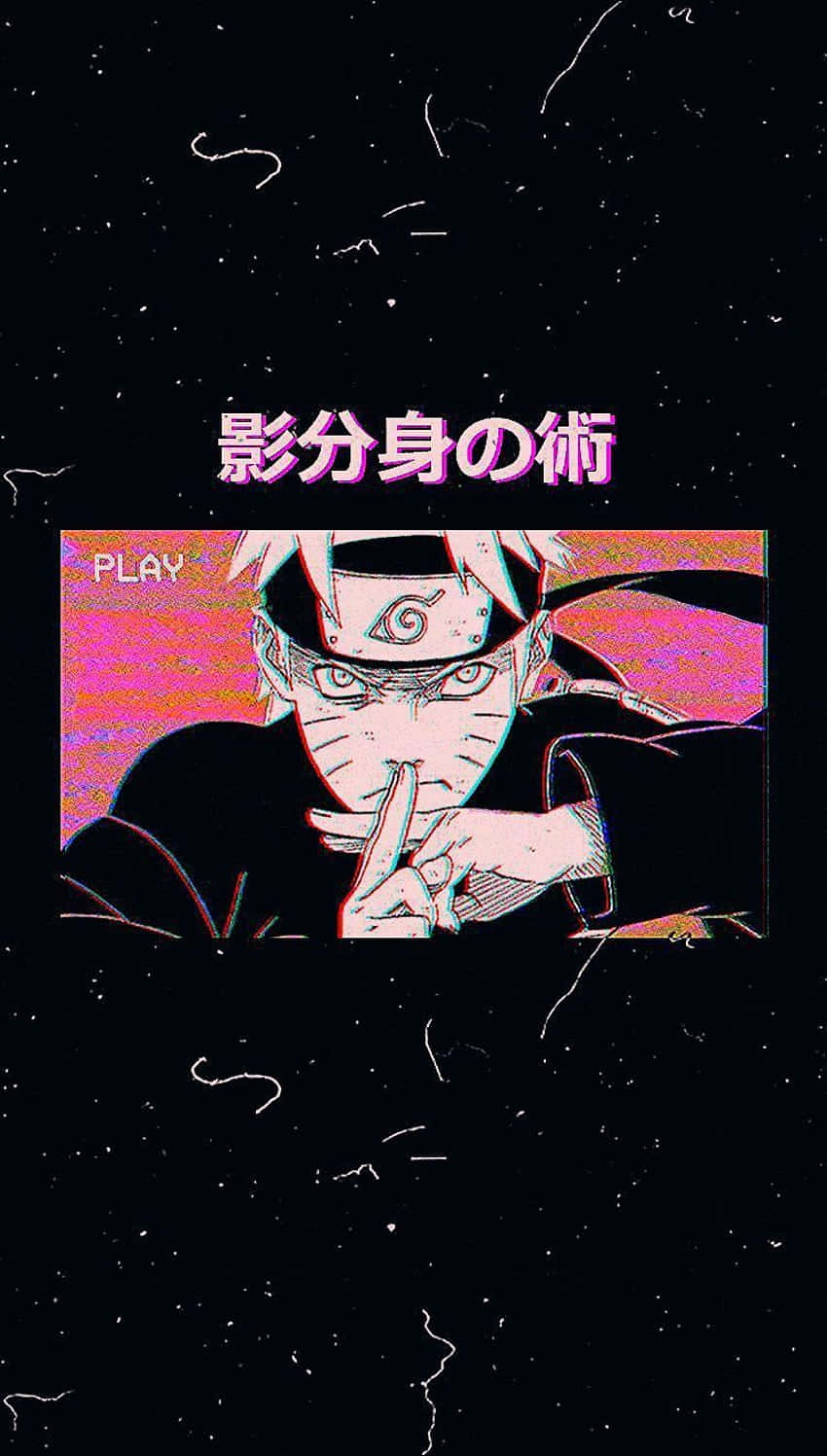 動漫忍者角色在星光背景上的glitchy粉紅色框裡面，手指放在嘴唇上。 — Sasuke 壁紙