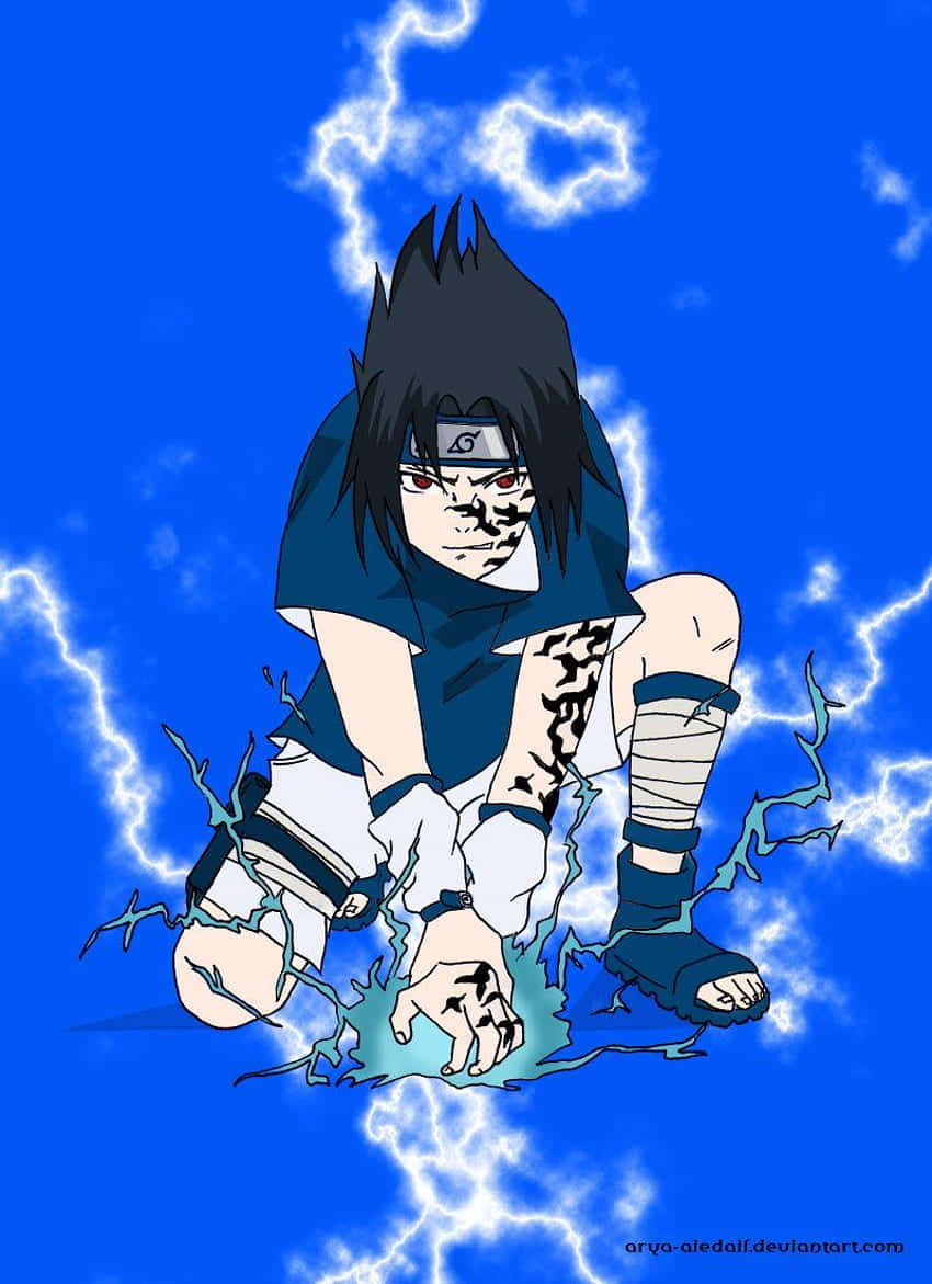 動畫忍者佐助在明亮的藍色背景上被藍色閃電包圍。 — Sasuke 壁紙