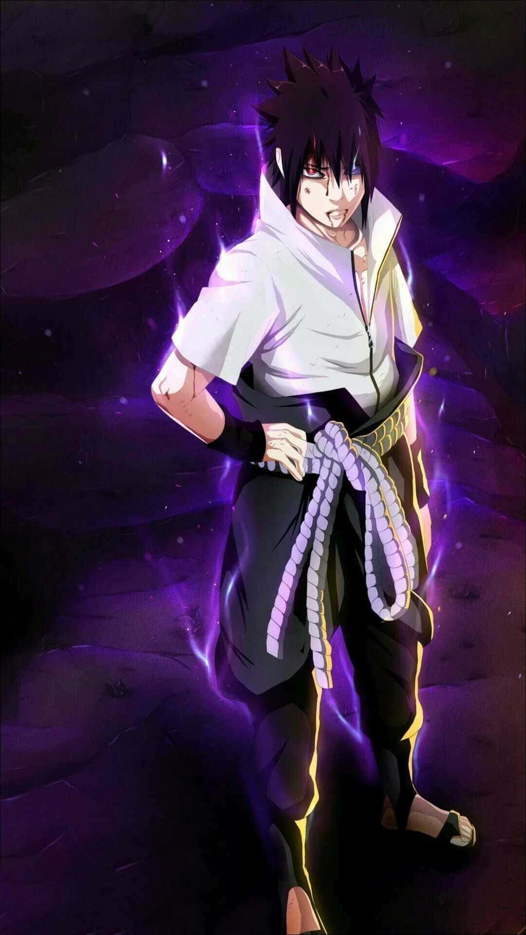 動漫忍者角色宇智波佐助在宇宙場景中發出紫色能量光芒。 — Sasuke 壁紙