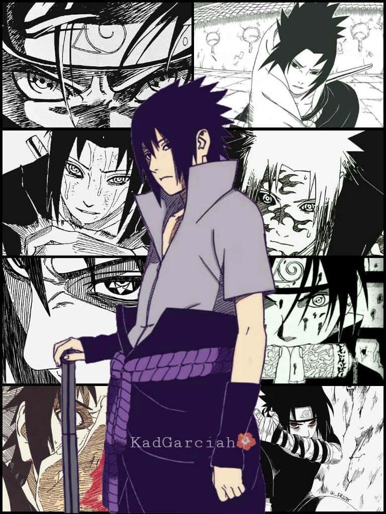 動漫角色宇智波佐助穿著紫色服裝和寫輪眼，被漫畫面板包圍。 — Sasuke 壁紙