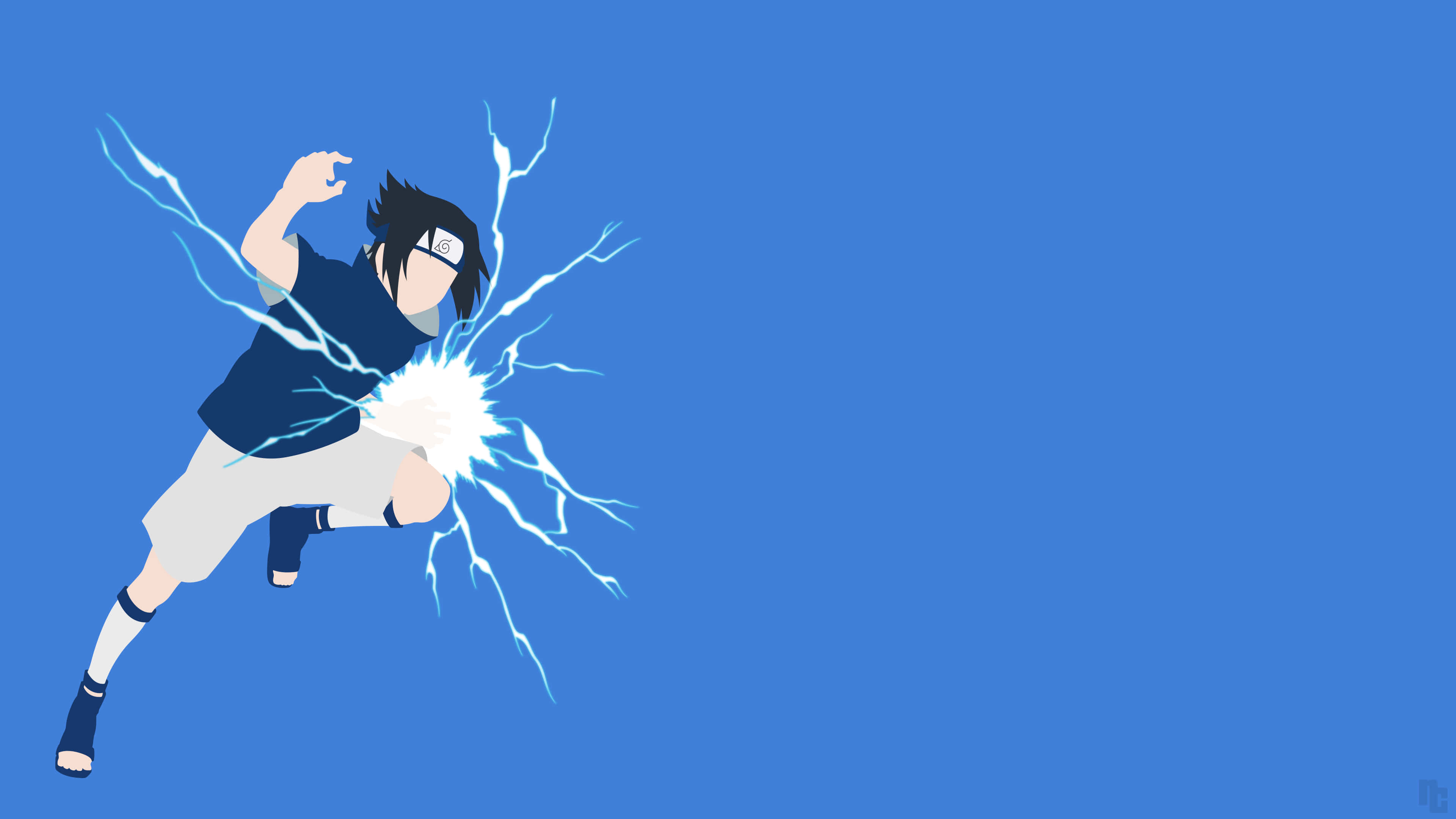 動漫忍者角色在藍色背景上釋放電擊查克拉攻擊。 — Sasuke 壁紙