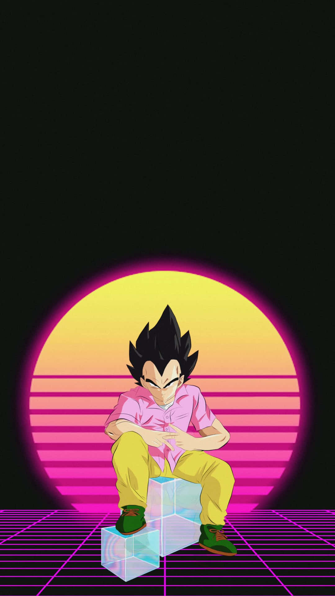  壁紙 — 動漫角色貝吉塔盤腿坐在發光的立方體上，背景是充滿活力的復古日落，帶有粉紅色網格線。
