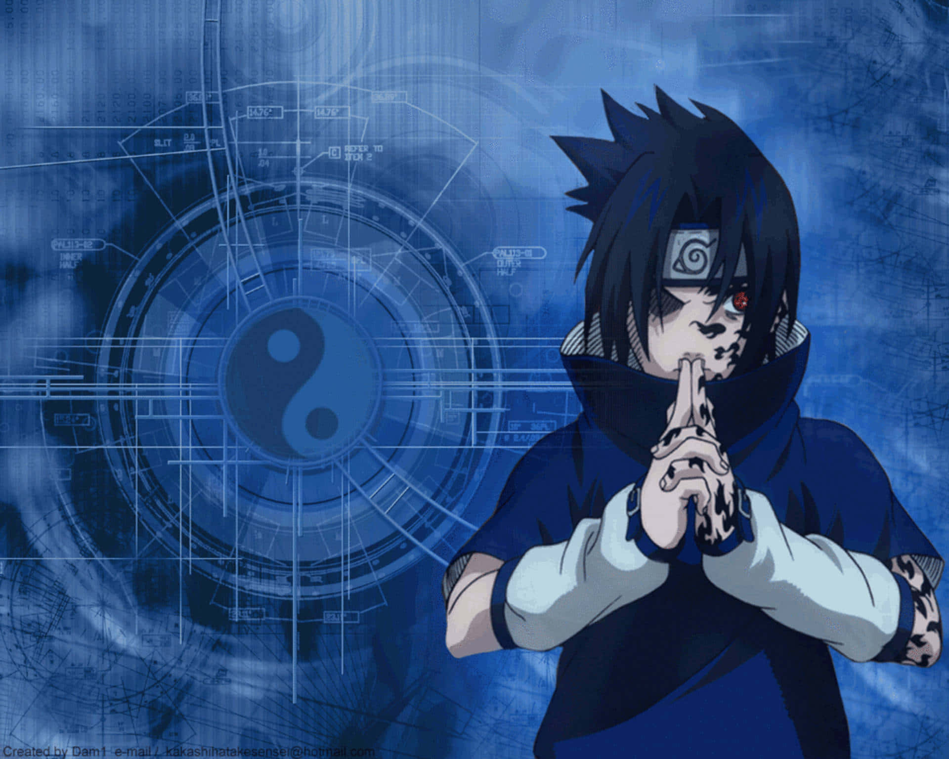 動漫忍者，紅眼，結手印，藍色科技背景，有陰陽。 — Sasuke 壁紙