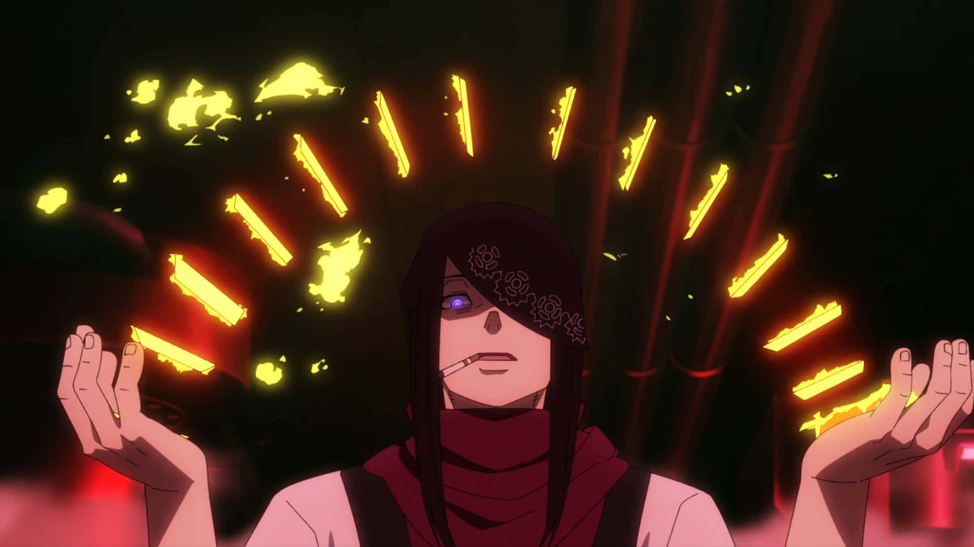 Fire Force Joker 桌布 壁紙 — 一個戴著眼罩和香煙的動漫角色，在暗紅色燈光的場景中召喚發光的黃色能量碎片。