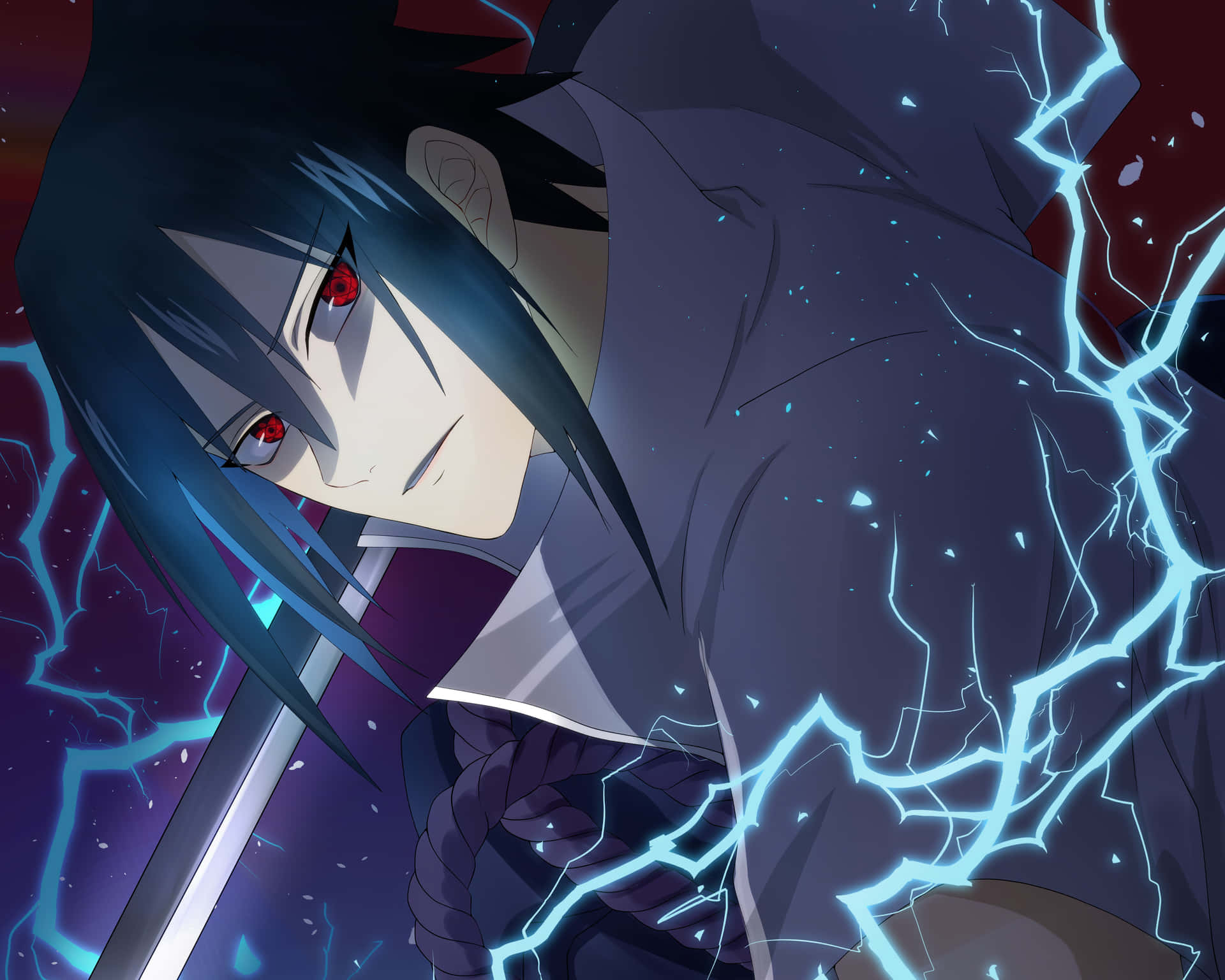 藍髮紅眼的動漫戰士，揮舞著閃電能量。 — Sasuke 壁紙