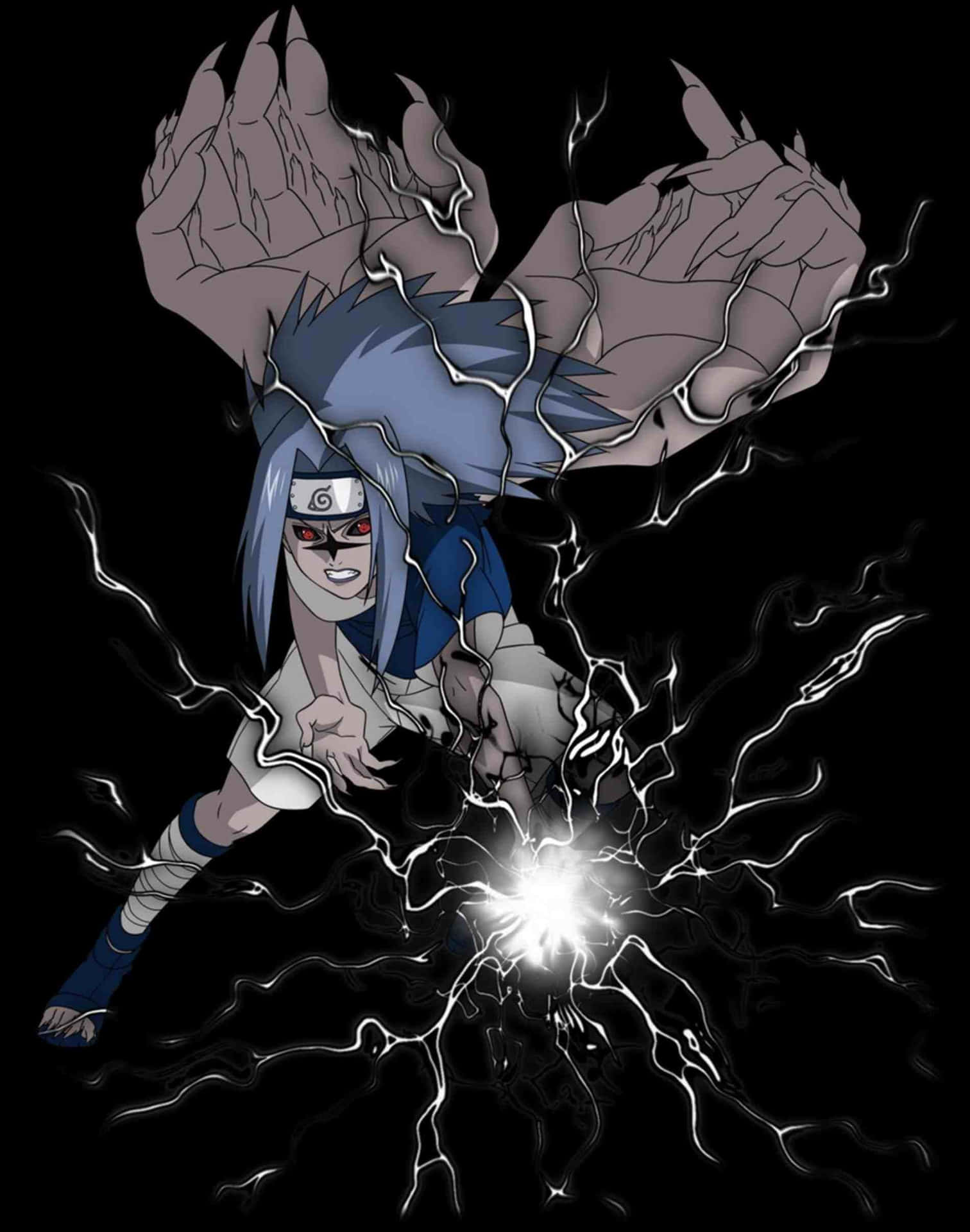 藍髮紅眼的動漫忍者用石拳釋放帶電查克拉。 — Sasuke 壁紙