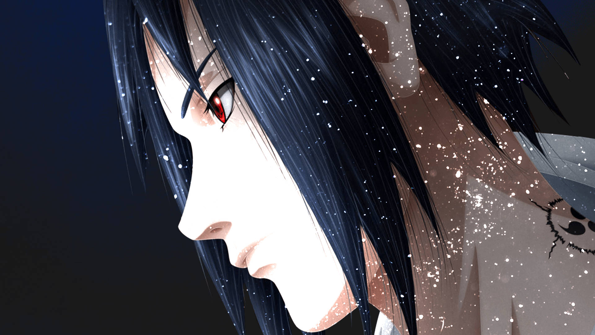 動漫角色，深色頭髮，紅色眼睛，帶著閃爍的粒子向下看。 — Sasuke 壁紙