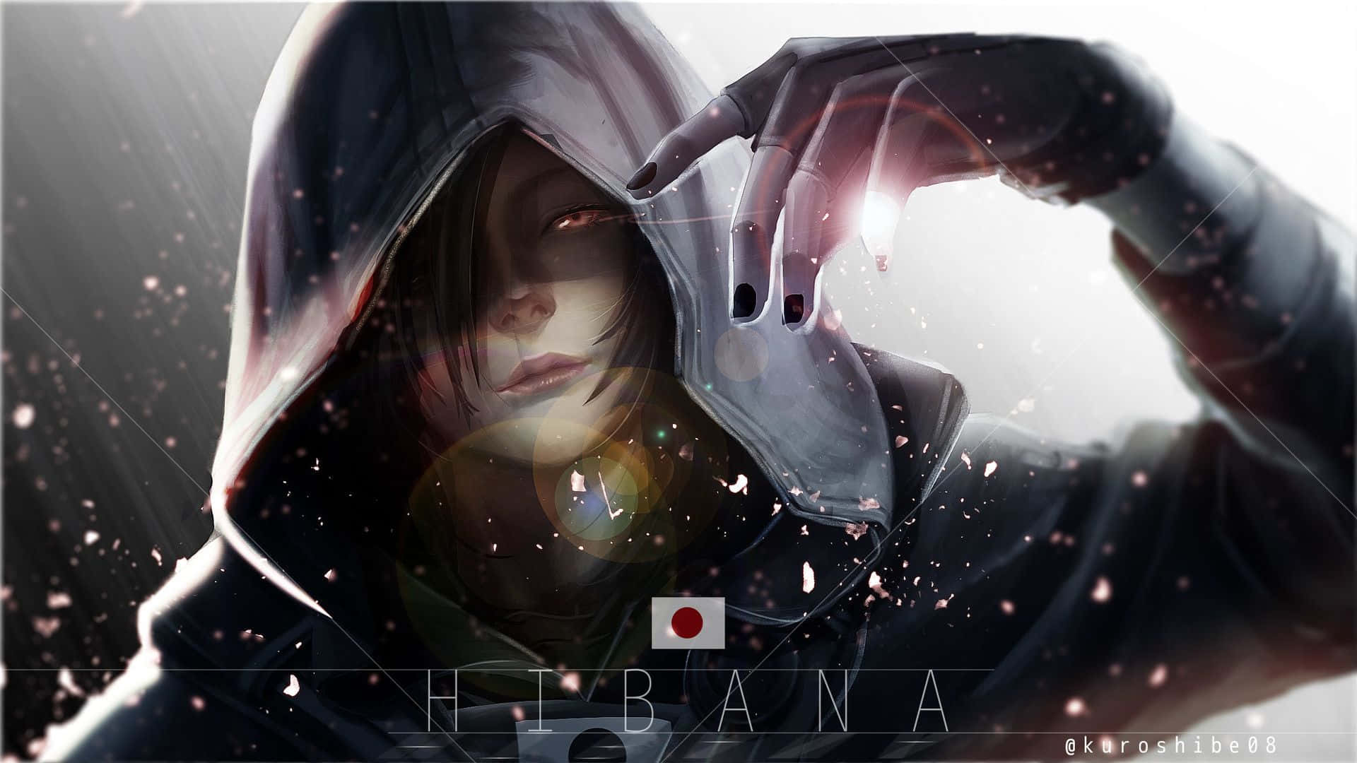 Hibana R6 桌布 壁紙 — 一個戴著兜帽的動漫角色，擁有發光的紅色眼睛，在黑暗背景中手持發光球體，周圍有漂浮花瓣。