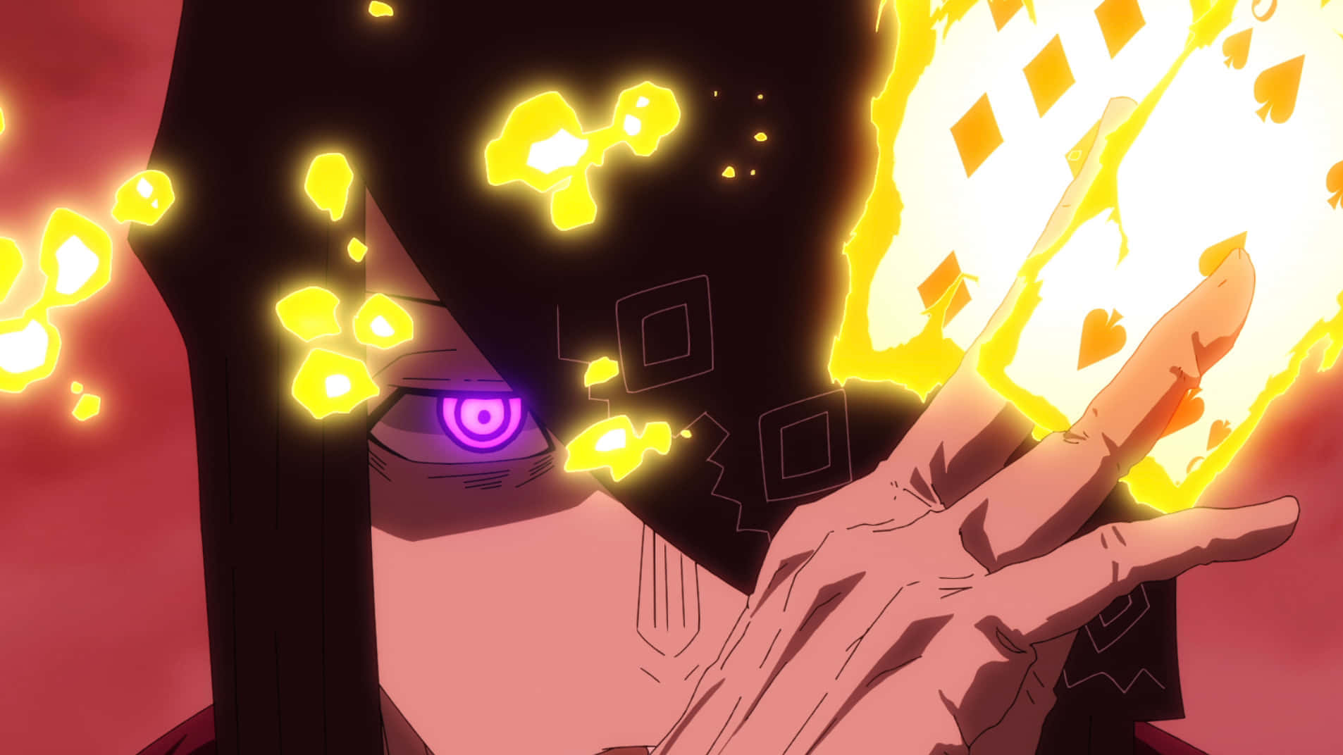 Fire Force Joker 桌布 壁紙 — 一個動漫角色，擁有發光的紫色眼睛，手中噴出火焰撲克牌，背景為紅色。