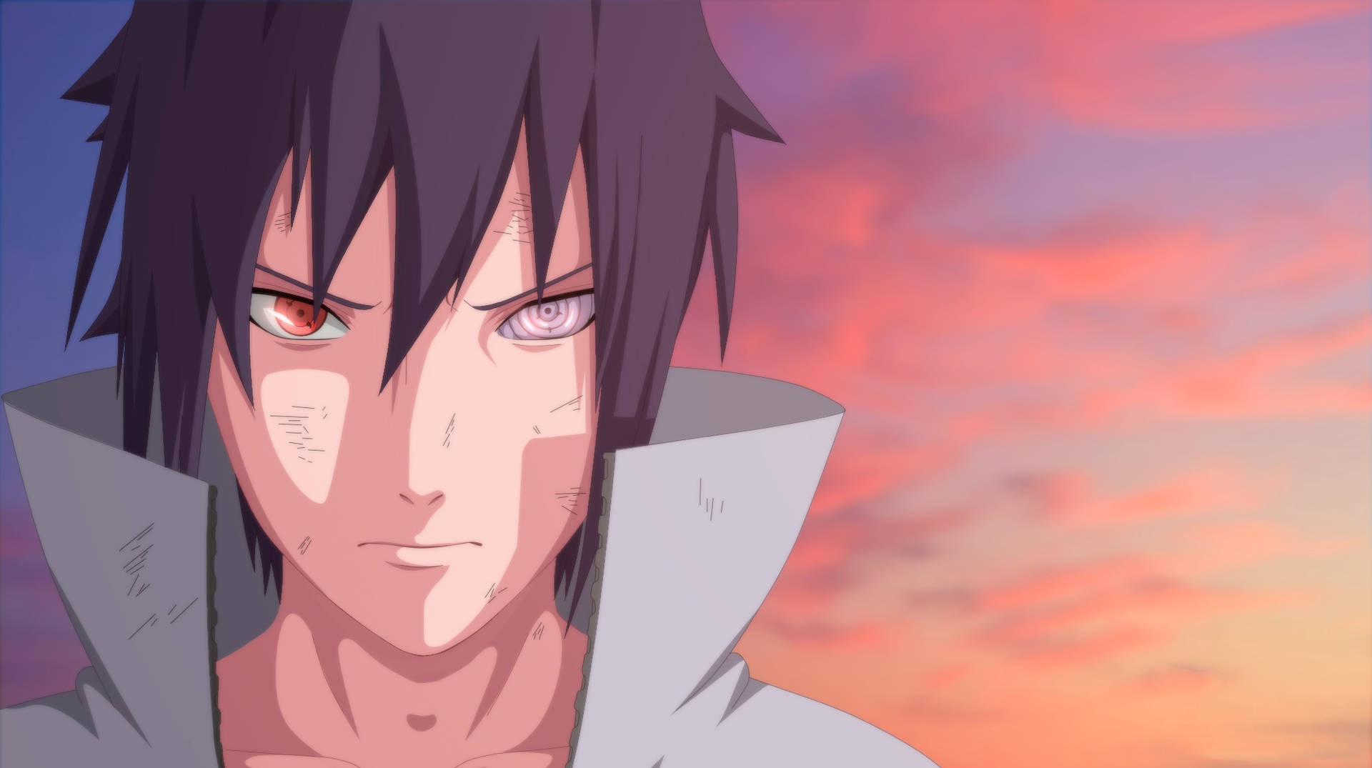 在日落天空下，擁有不同顏色眼睛的動漫角色。 — Sasuke 壁紙