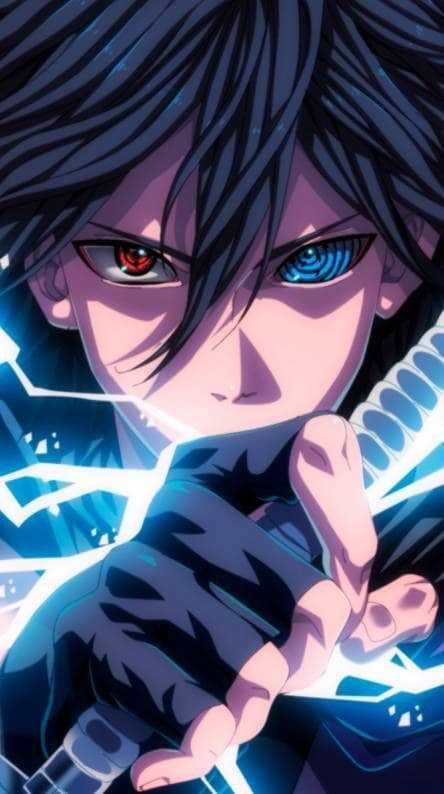 動漫角色擁有紅色和藍色眼睛，從手中釋放藍色能量。 — Sasuke 壁紙