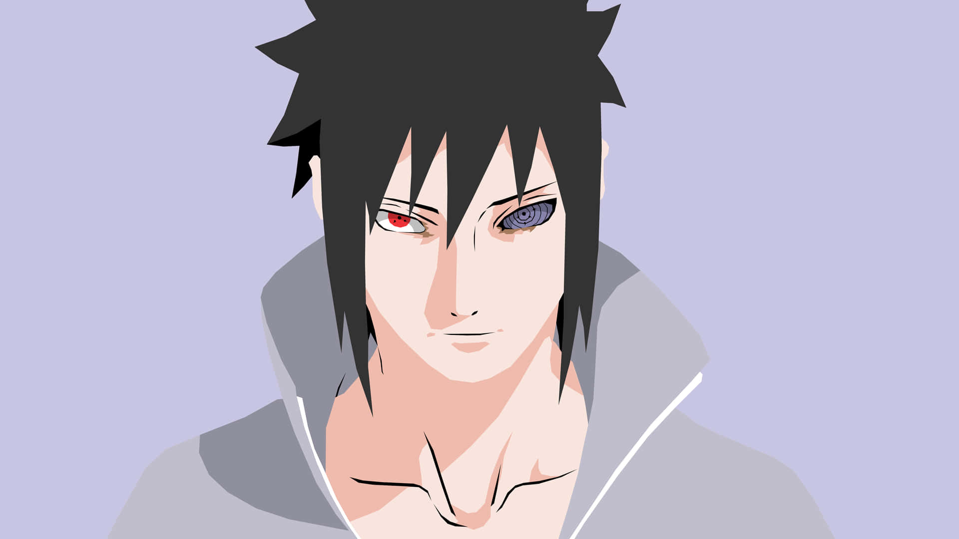 動漫忍者擁有紅藍眼睛和尖刺黑髮，身穿灰色連帽衫。 — Sasuke 壁紙