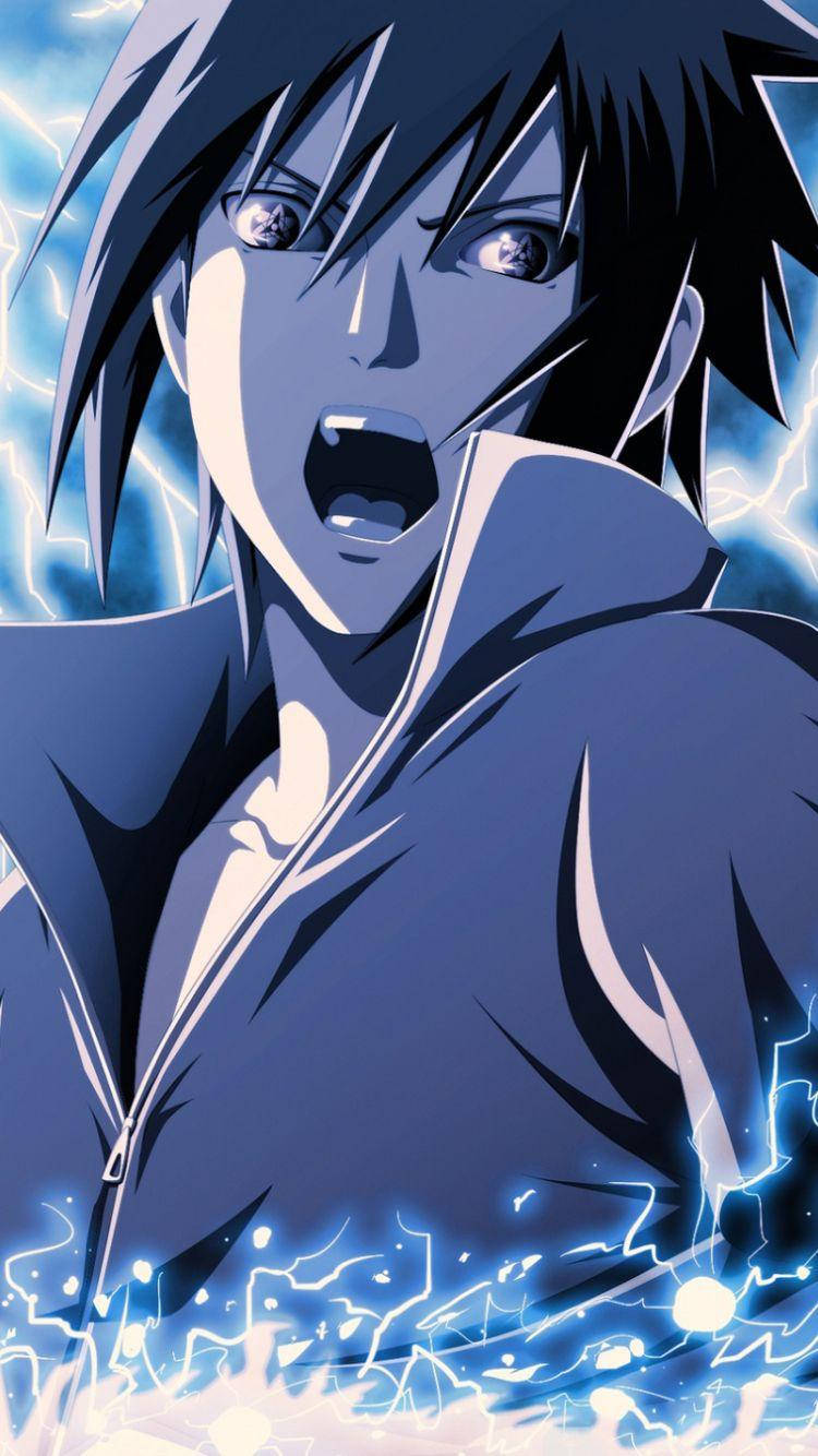 動漫角色，黑髮和發光的眼睛，被藍色閃電包圍。 — Sasuke 壁紙