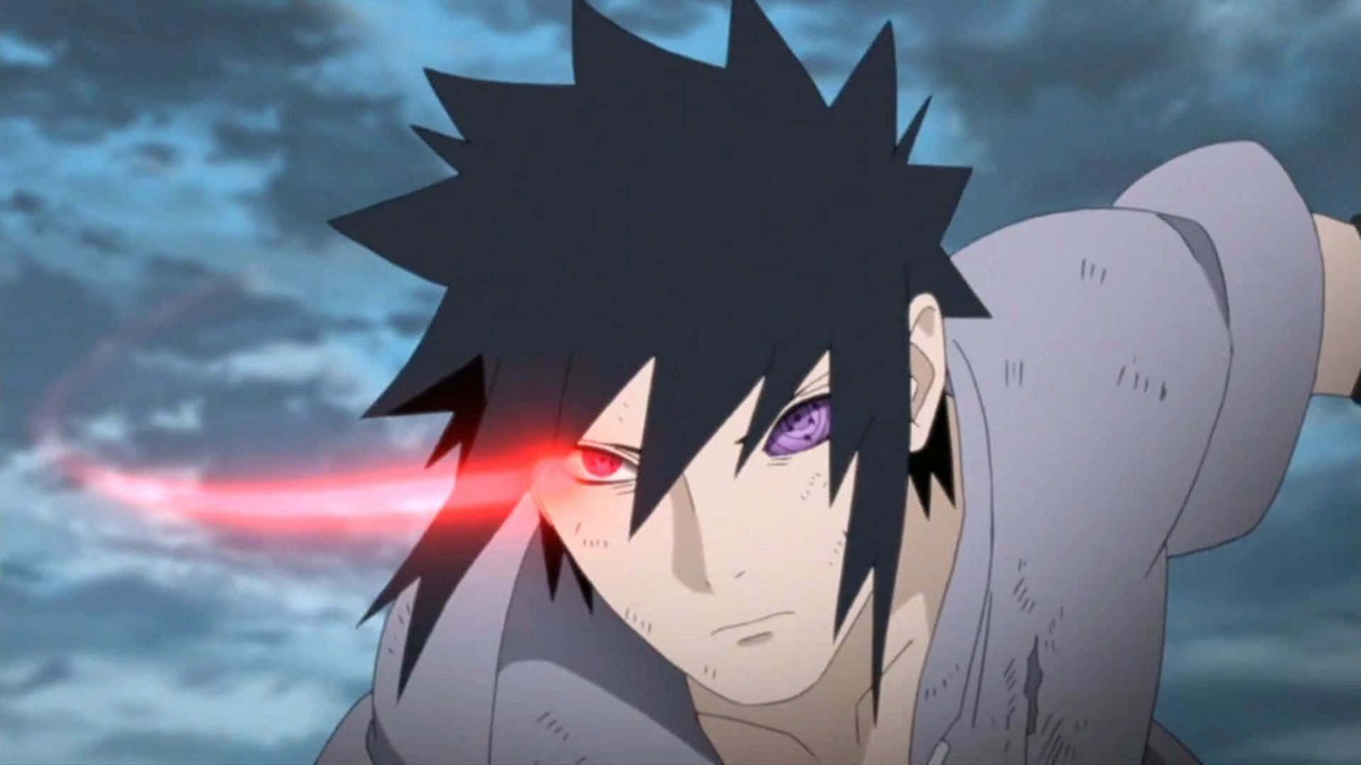 動漫忍者，發光的紅色和紫色眼睛，發射紅色能量光束。 — Sasuke 壁紙