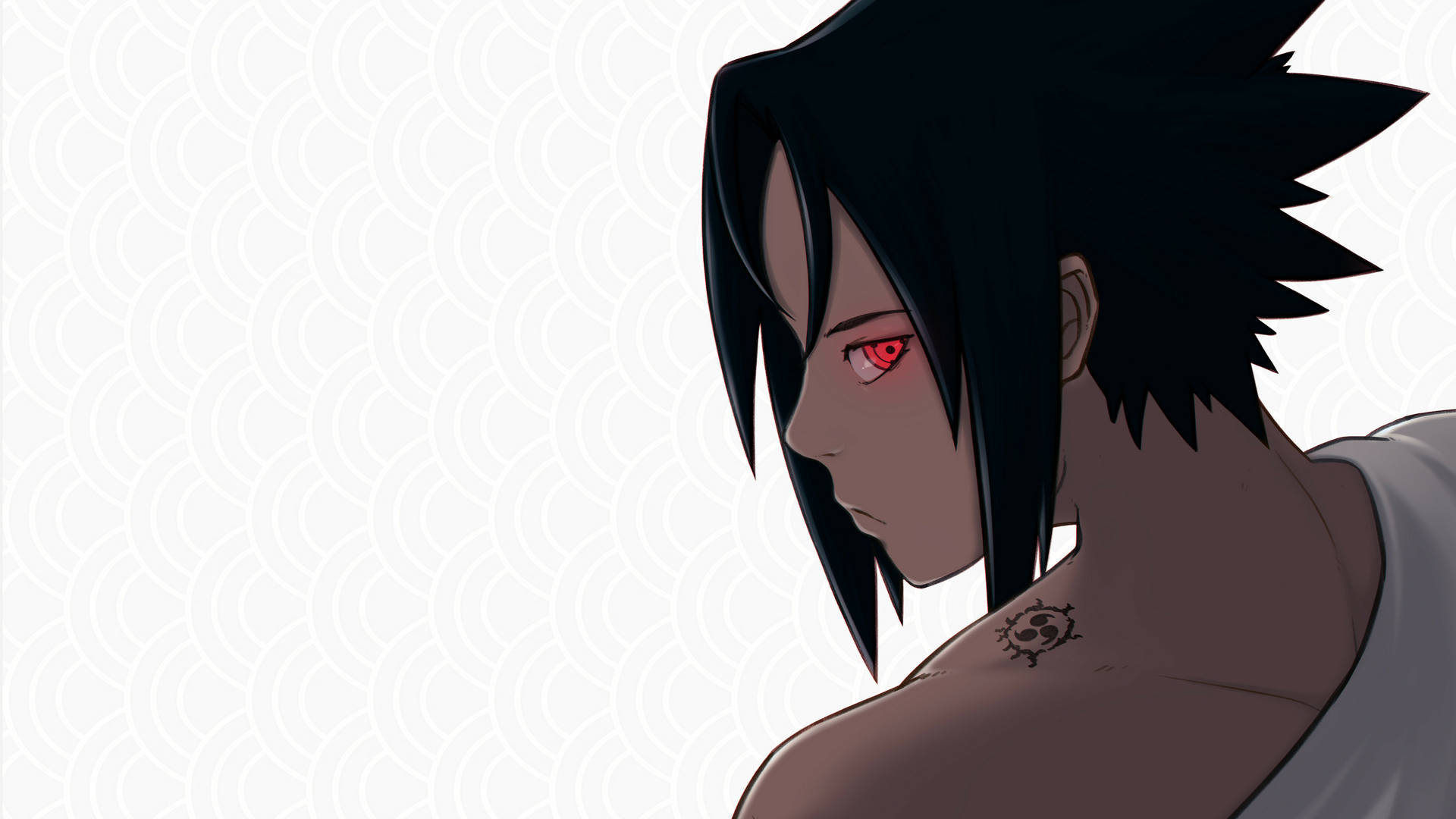 動漫角色，紅色眼睛和黑色頭髮，在帶有圖案的背景前。 — Sasuke 壁紙