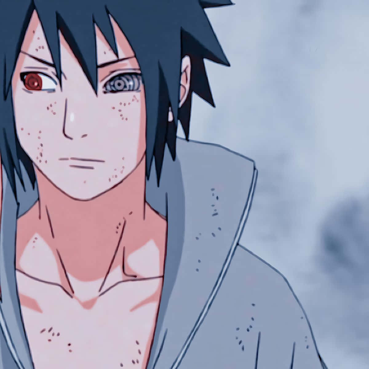 灰色斗篷中的動漫忍者，紅白眼睛，黑髮。 — Sasuke 壁紙