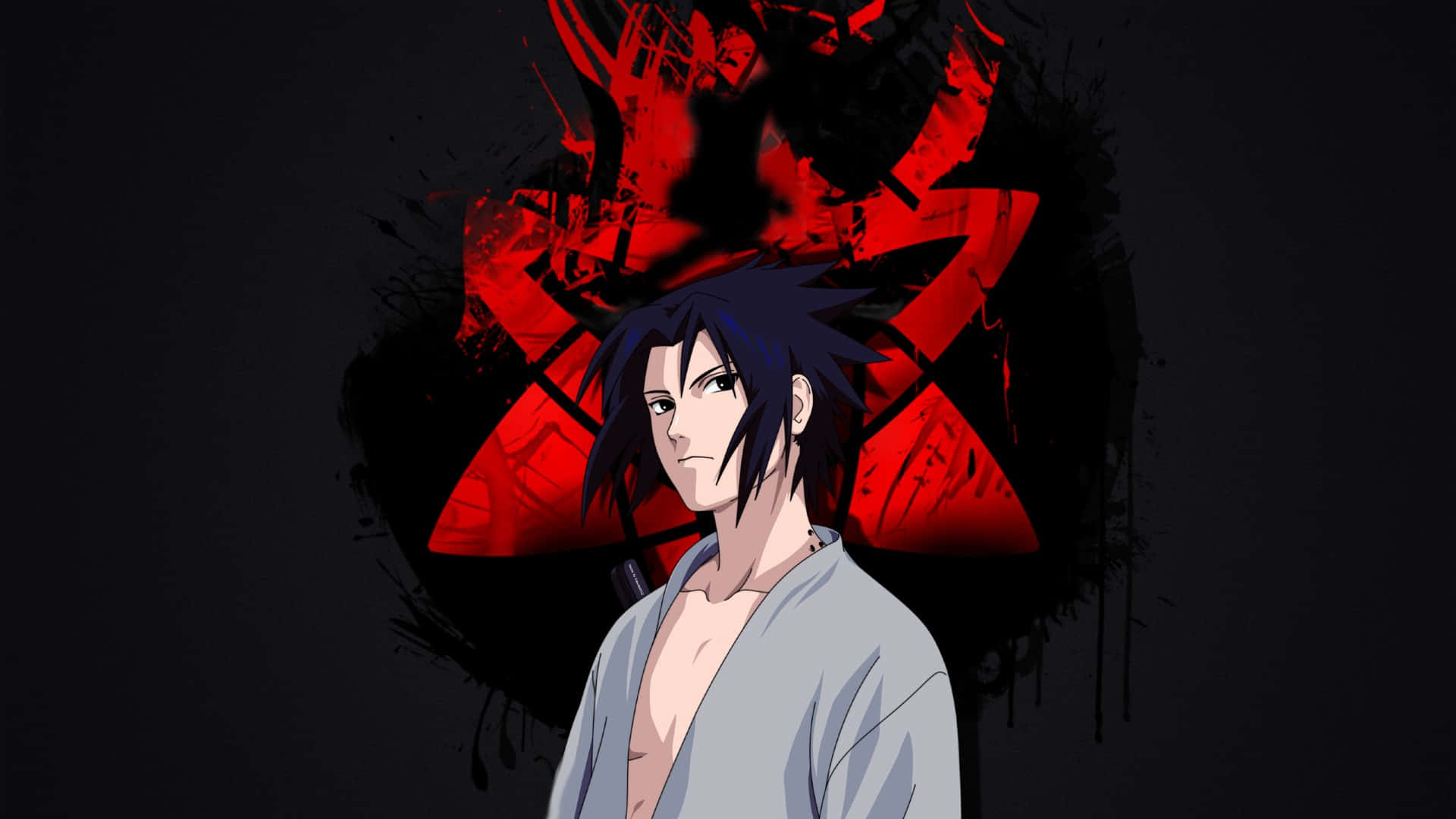 動漫忍者，紅色眼睛，黑色頭髮，襯托紅色潑濺背景。 — Sasuke 壁紙