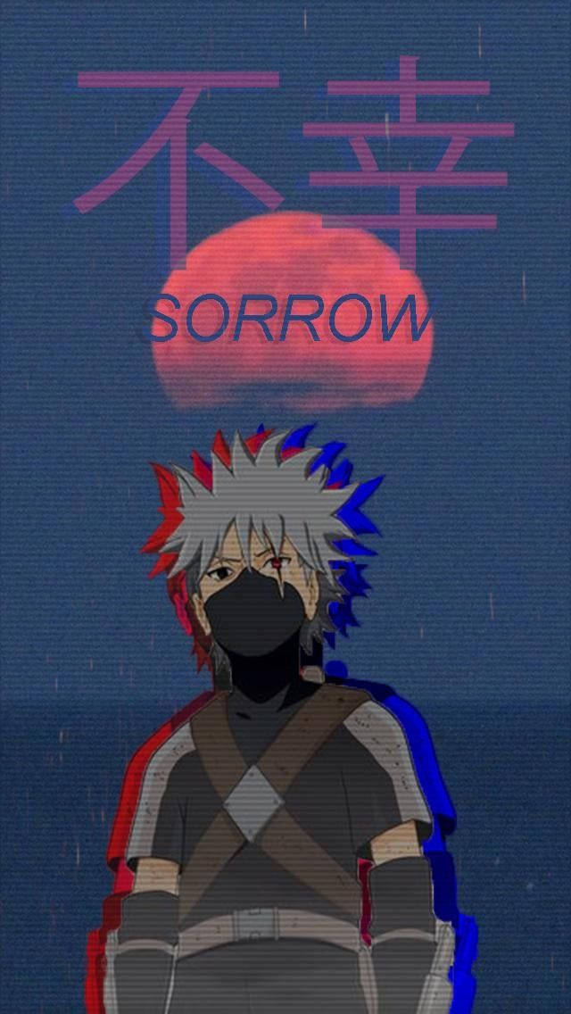 動漫角色戴著面具和尖刺頭髮，在雨中站在標有「sorrow」的紅色月亮下。 — 卡卡西 壁紙