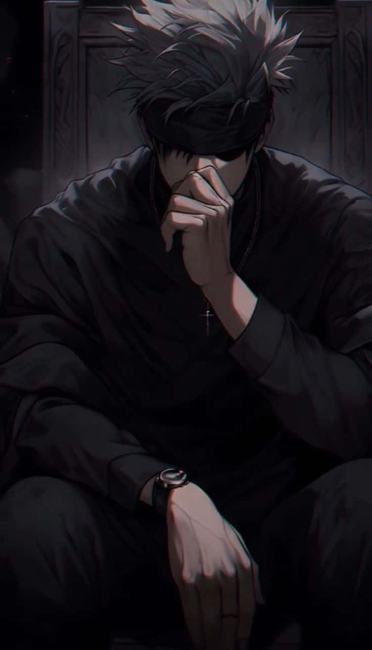  壁紙 — 一個穿著深色衣服、頭髮尖刺的動漫角色坐在陰暗的房間裡，手托著臉，呈現沉思姿態。