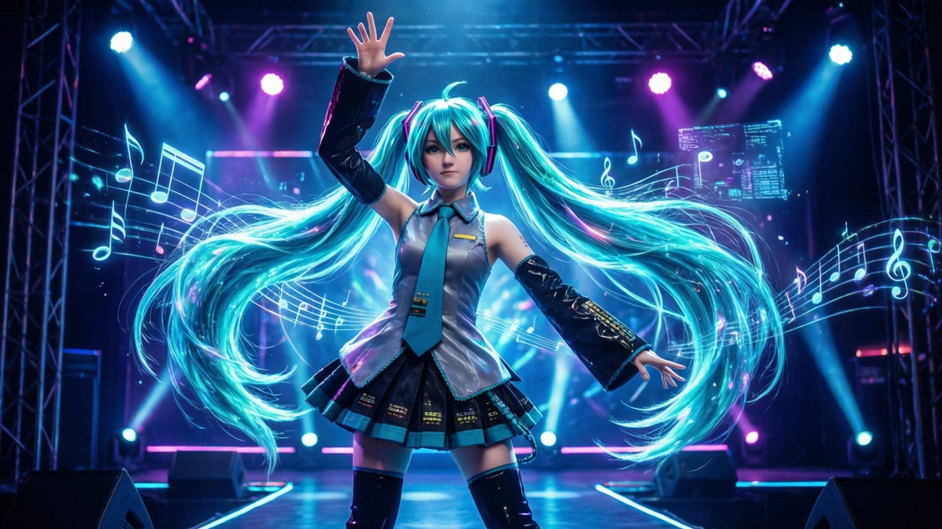 Hatsune Miku: Colorful Stage! 桌布 壁紙 — 擁有綠松石色頭髮的動漫角色在霓虹燈舞台上表演，周圍環繞著漂浮的音符和充滿活力的舞台燈光。
