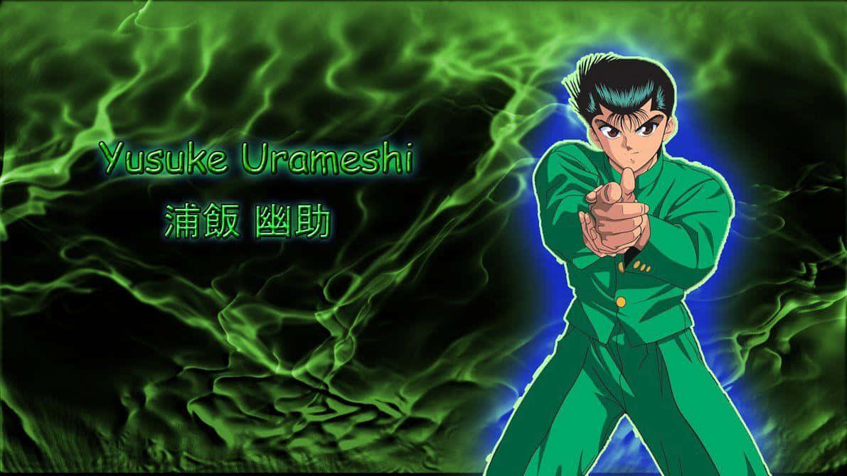 Keiko Yukimura 桌布 壁紙 — 動畫角色浦飯幽助身穿綠色服裝，在旋轉的綠色和藍色能量背景中向前指著。