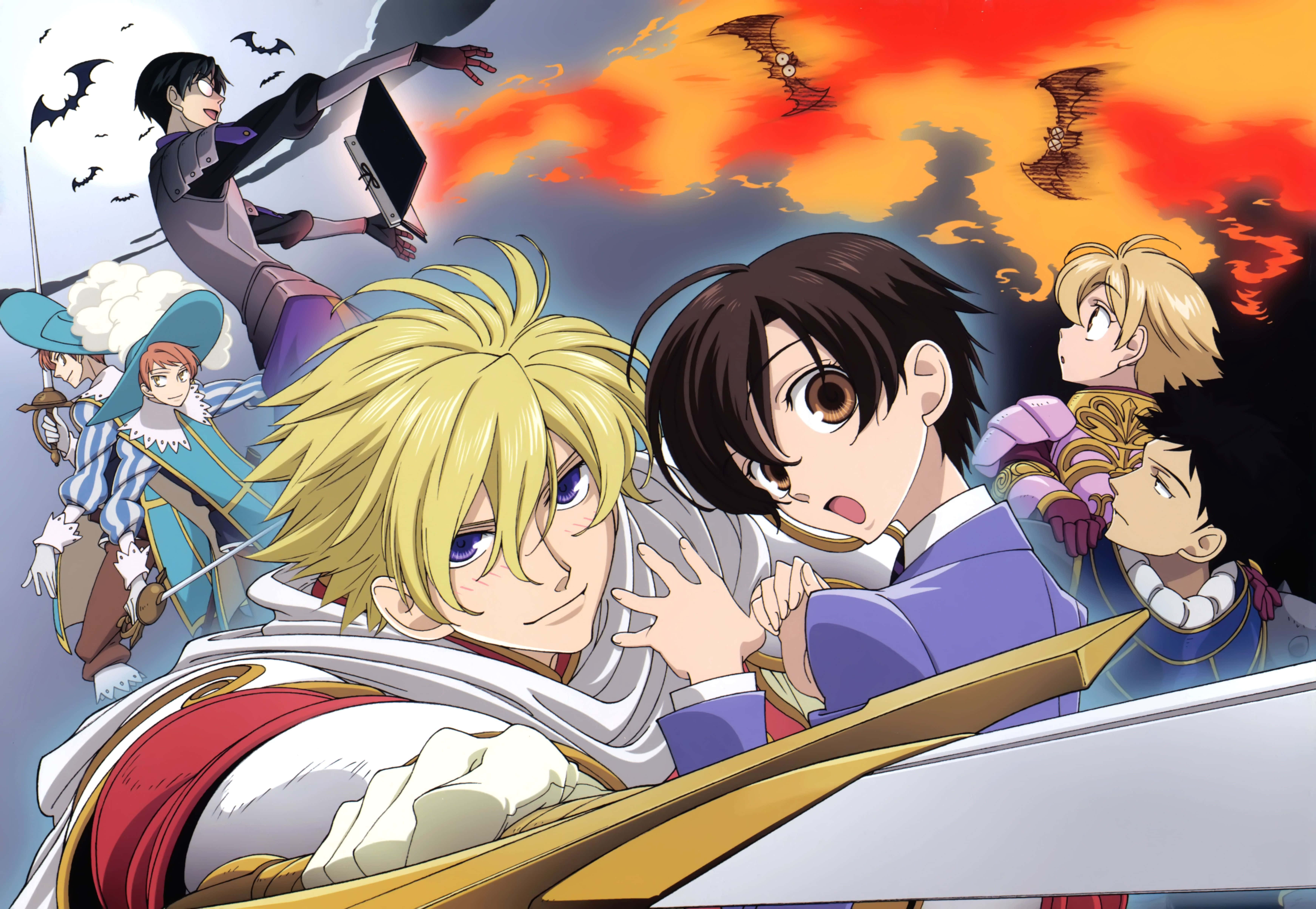Kyoya Ootori 桌布 壁紙 — 動漫角色以戲劇性的姿勢，背景是火紅的日落天空，蝙蝠在頭頂飛翔。